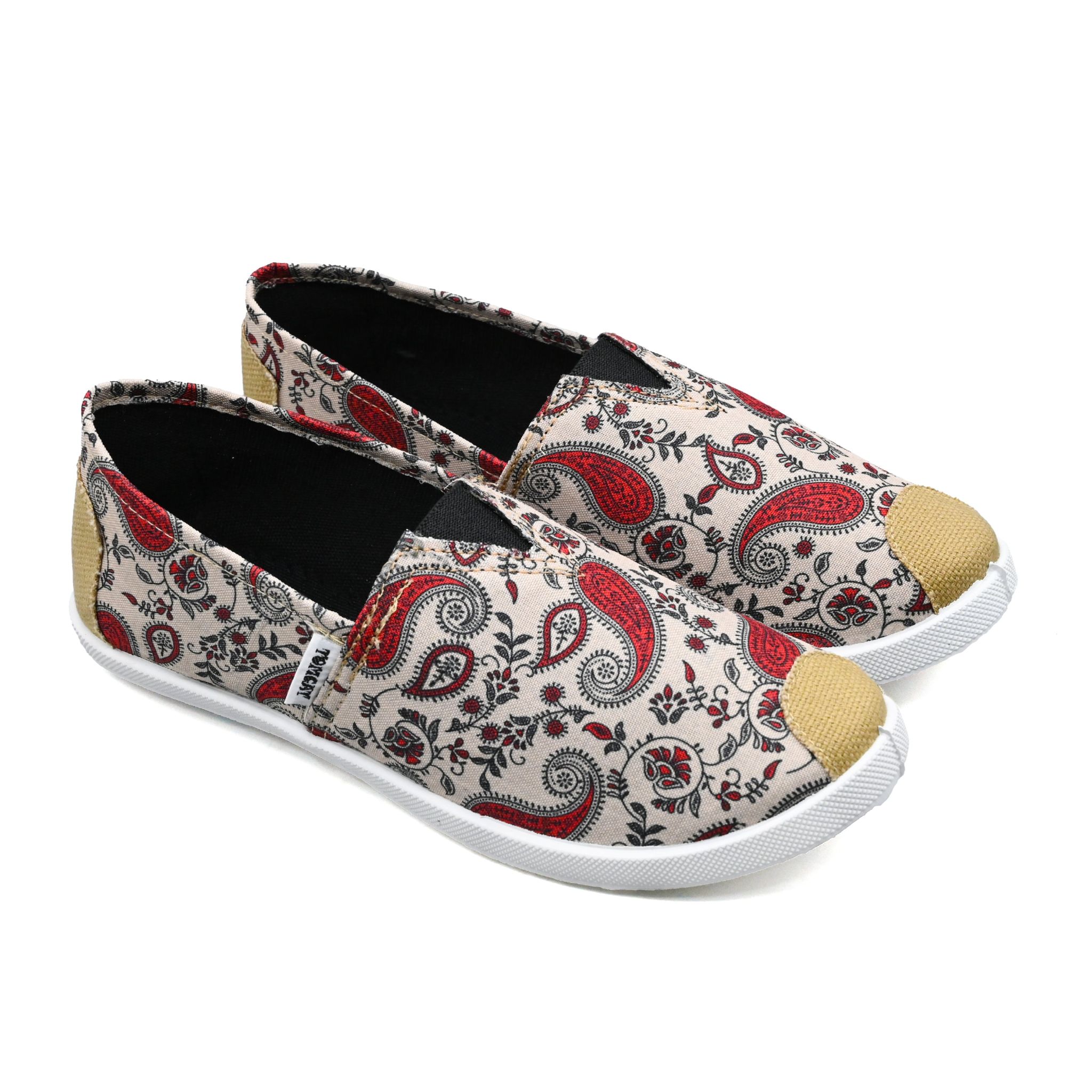 UMOJA Emmy Chapisha Canvas Shoes – Flowy | Bohemian Paisley Slip-On Canvas Shoes in Blue, Red, Black & Beige with Tan Accents for Casual Outings, Festivals & Everyday Comfort