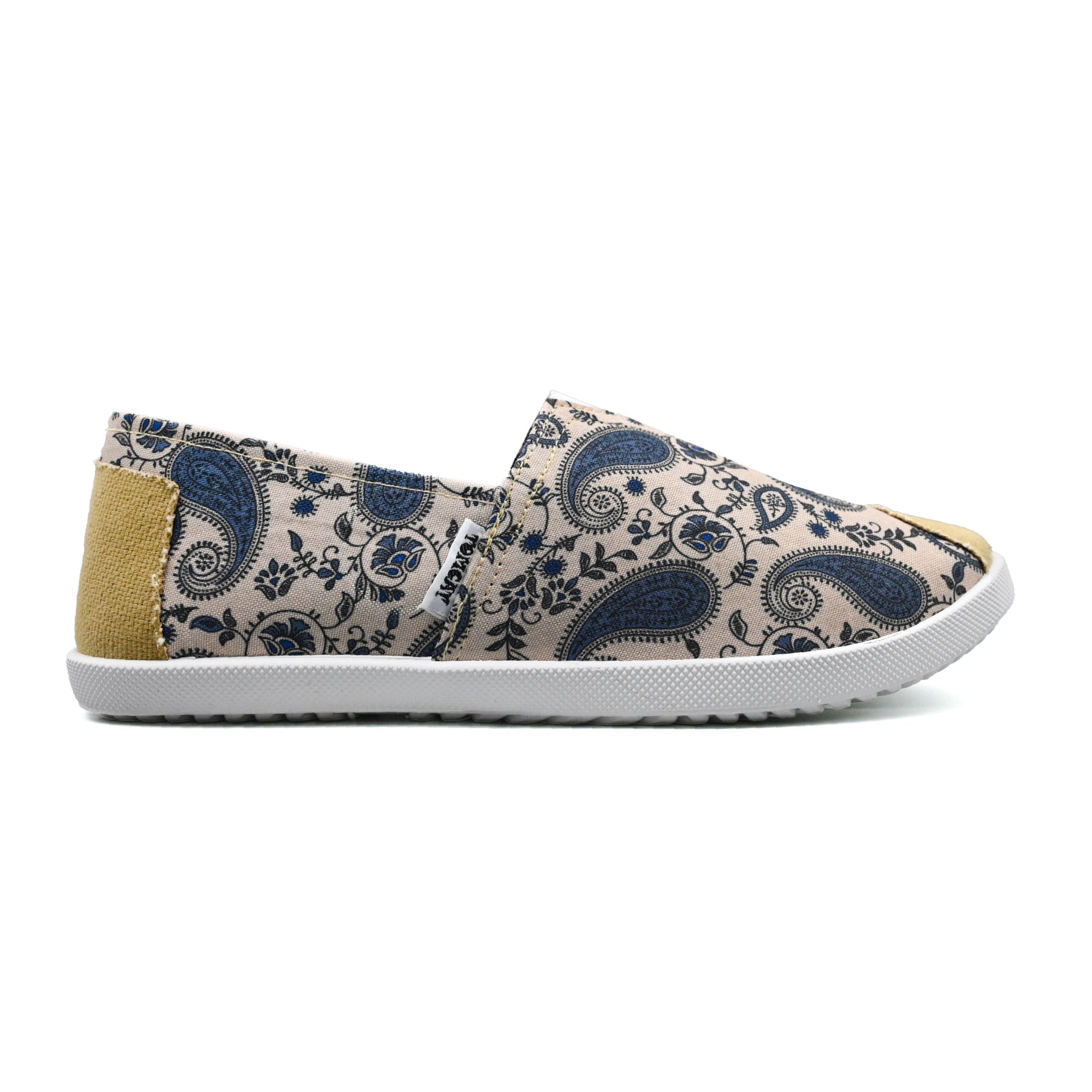 UMOJA Emmy Chapisha Canvas Shoes – Flowy | Bohemian Paisley Slip-On Canvas Shoes in Blue, Red, Black & Beige with Tan Accents for Casual Outings, Festivals & Everyday Comfort