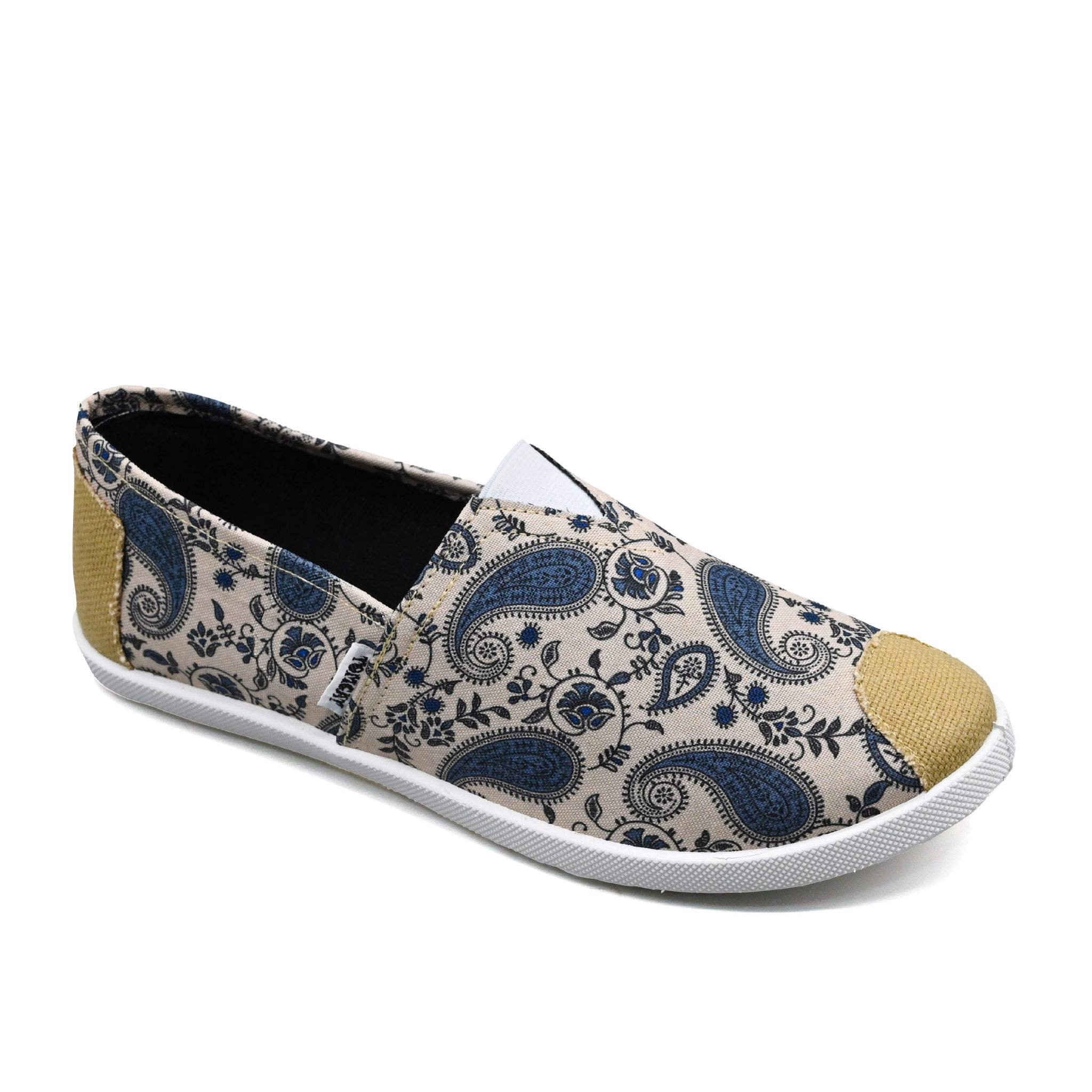 UMOJA Emmy Chapisha Canvas Shoes – Flowy | Bohemian Paisley Slip-On Canvas Shoes in Blue, Red, Black & Beige with Tan Accents for Casual Outings, Festivals & Everyday Comfort