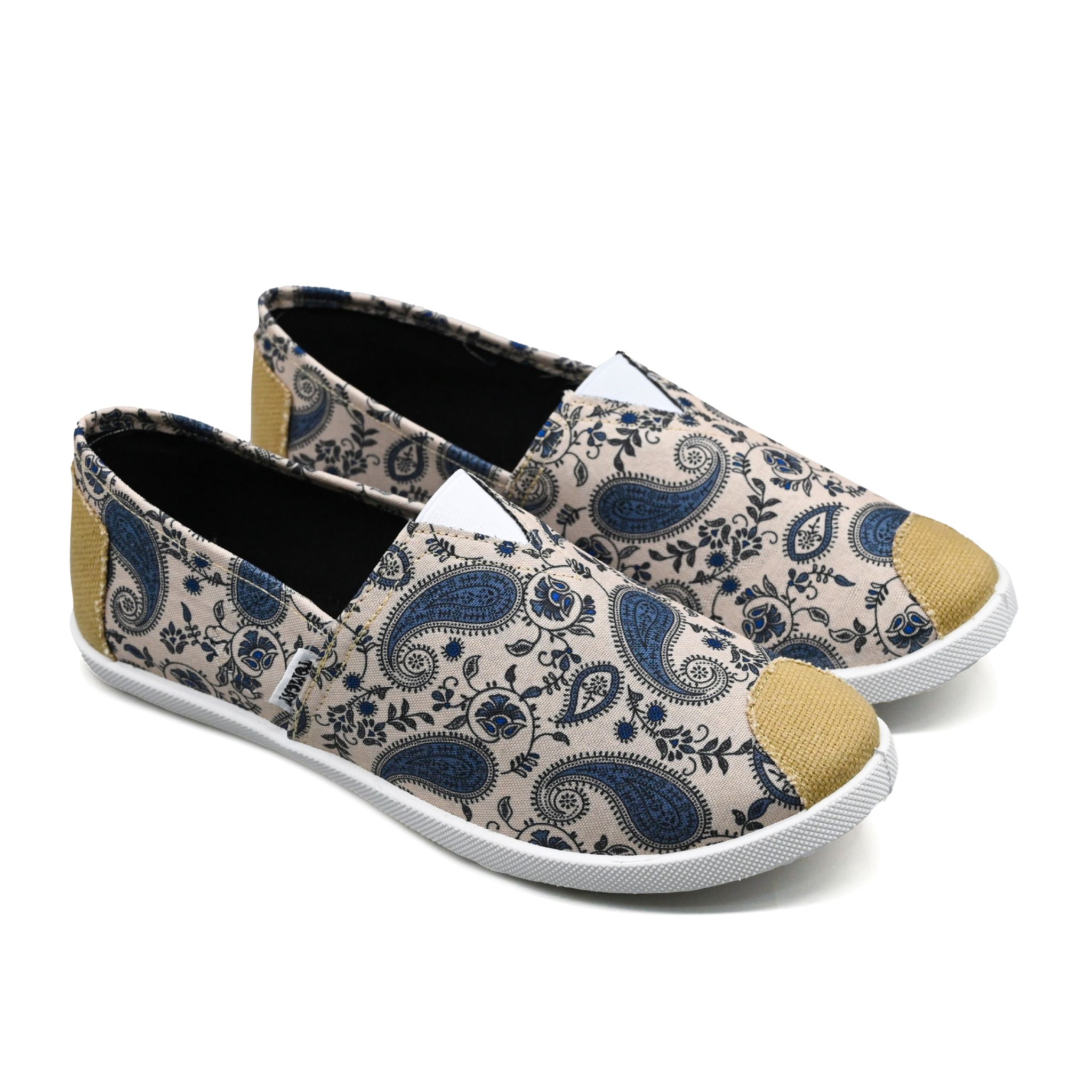 UMOJA Emmy Chapisha Canvas Shoes – Flowy | Bohemian Paisley Slip-On Canvas Shoes in Blue, Red, Black & Beige with Tan Accents for Casual Outings, Festivals & Everyday Comfort