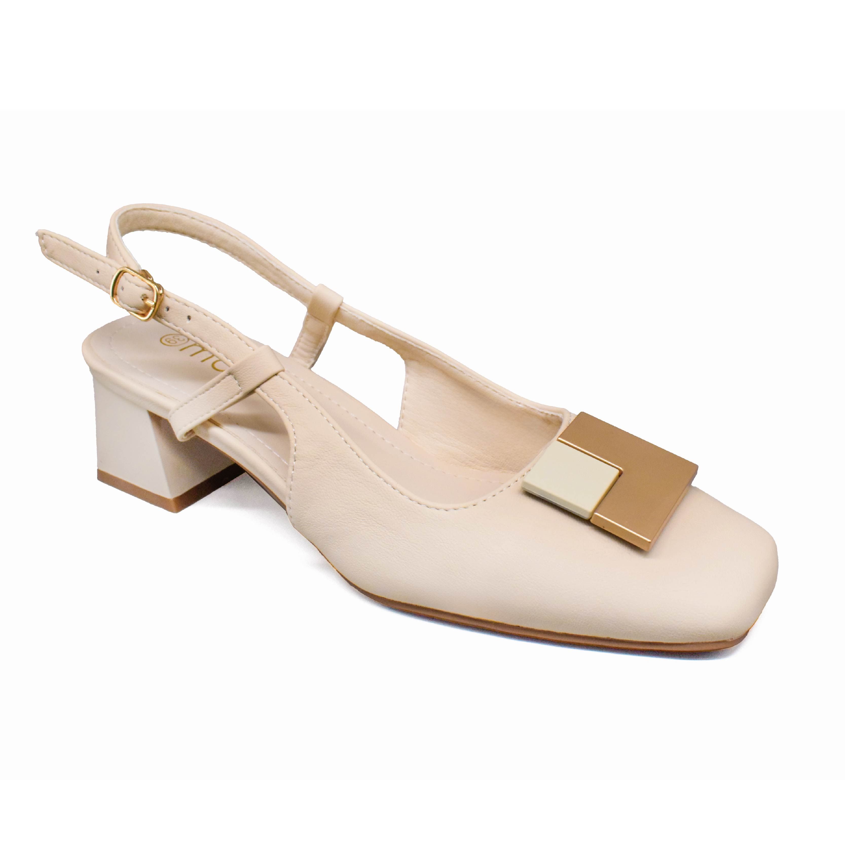 UMOJA Moxxa Becca Slingbacks ladies shoes – Women’s Beige Square-Toe Block Heels with Gold Buckle & Geometric Embellishment | Elegant, Comfortable Footwear for Office, Brunch & Events women shoes