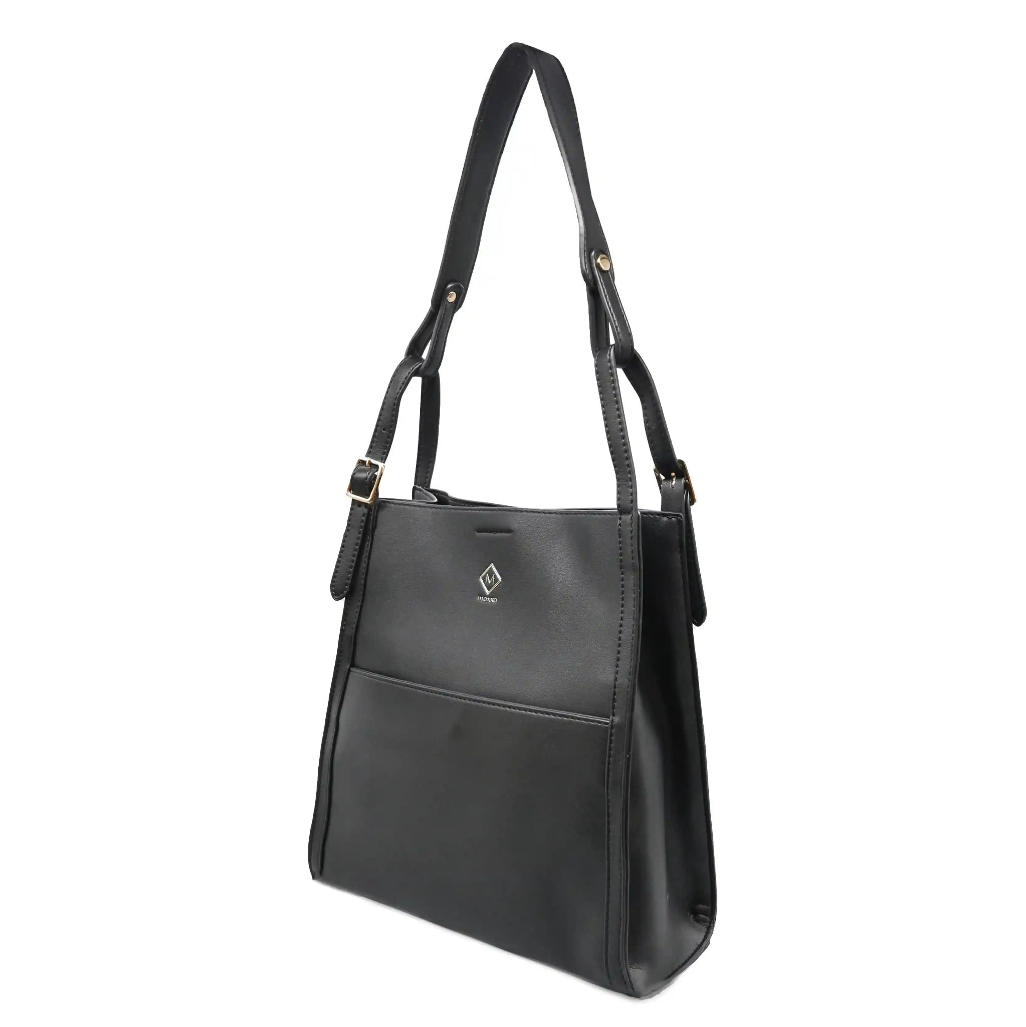 UMOJA Moxxa Natalie Noir Socialite Shoulder Bag | Black PU Leather Tote with Gold Hardware, Zipper Closure & Adjustable Strap | Elegant Women’s Shoulder & Crossbody Bag by Umoja