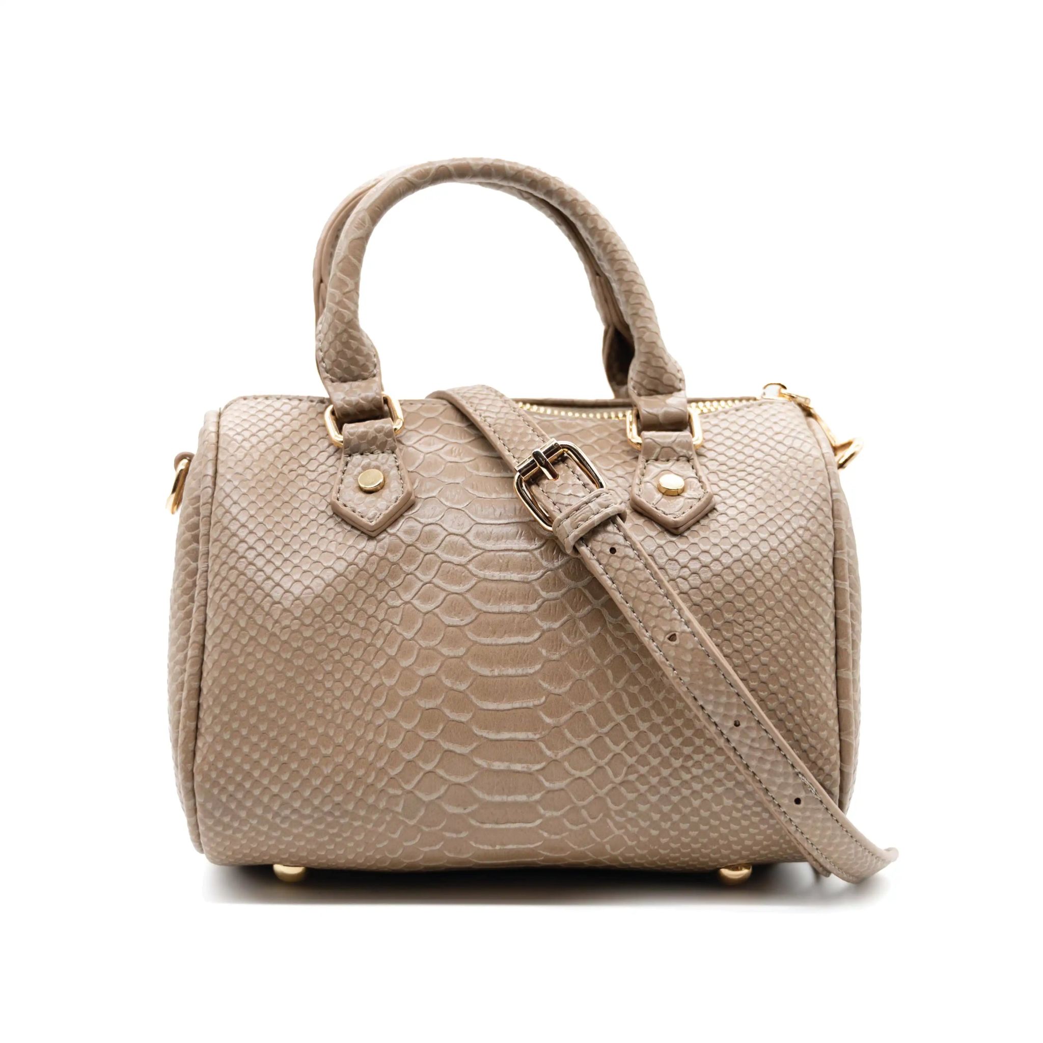UMOJA Moxxa Naomi Mini Barrel Bag Duo by Umoja | Neutral Beige & Tan Snakeskin-Textured PU Leather | Gold Hardware, Zipper Closure & Adjustable Strap | Crossbody & Top-Handle Set.