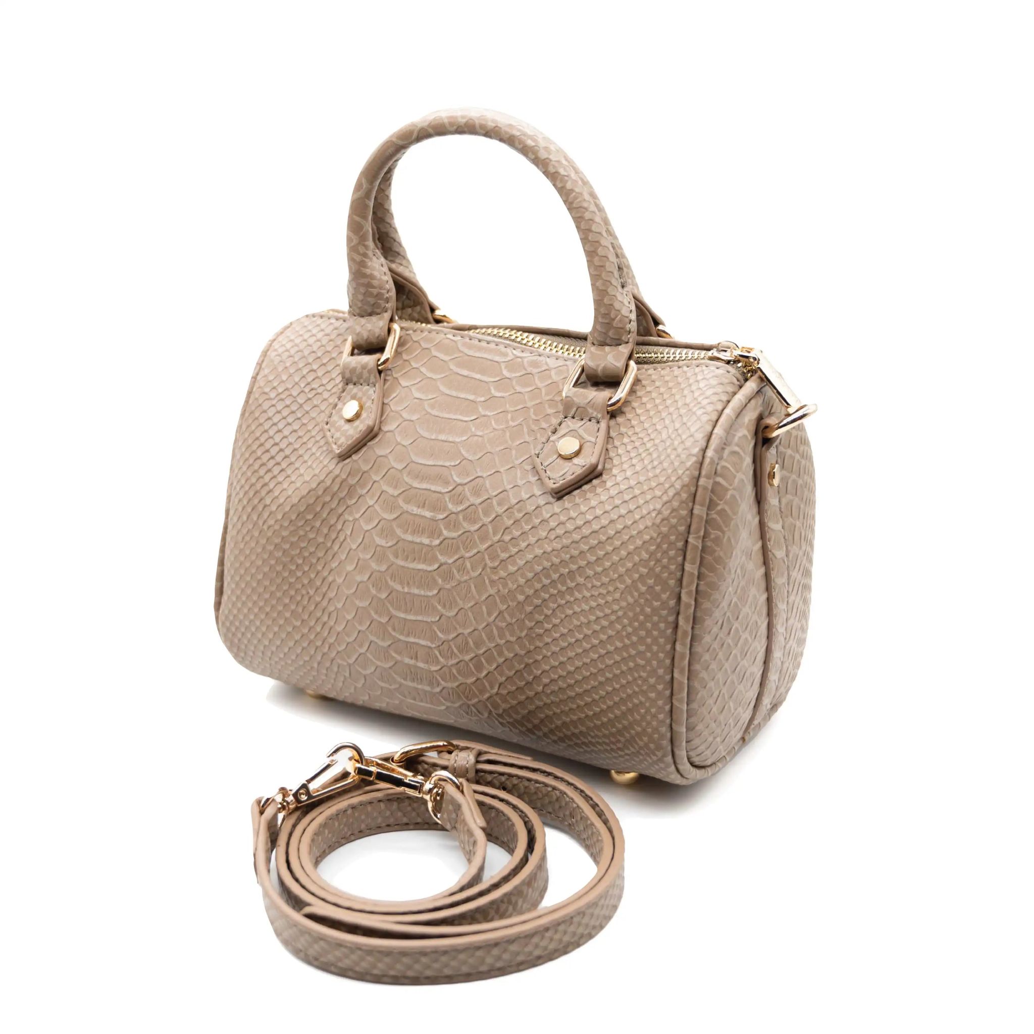 UMOJA Moxxa Naomi Mini Barrel Bag Duo by Umoja | Neutral Beige & Tan Snakeskin-Textured PU Leather | Gold Hardware, Zipper Closure & Adjustable Strap | Crossbody & Top-Handle Set.
