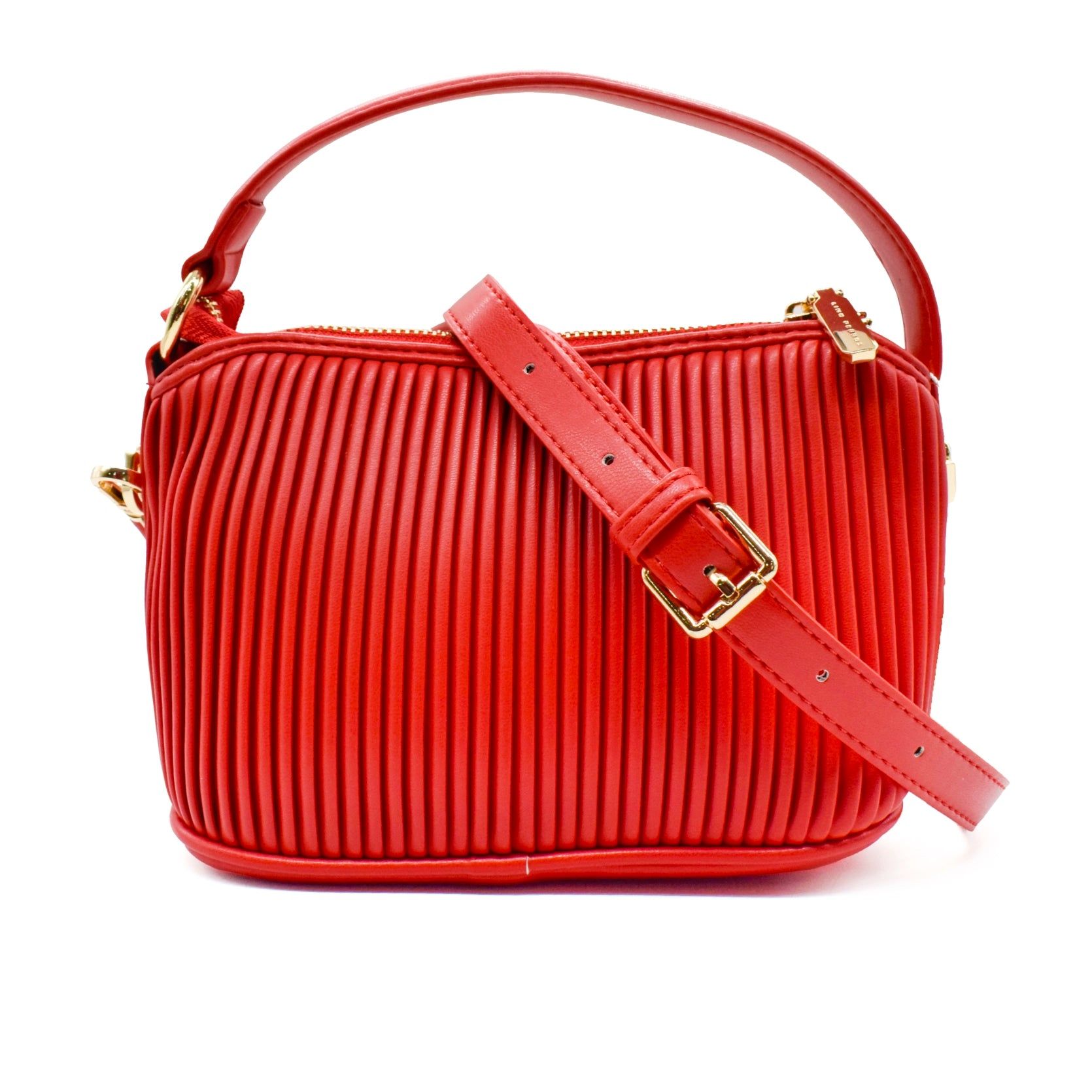 UMOJA Moxxa Nelly Scarlet Siren Handbag by Umoja | Red PU Leather with Pleated Texture, Gold Hardware, Top Handle & Detachable Shoulder Strap | Bold & Versatile Statement Bag