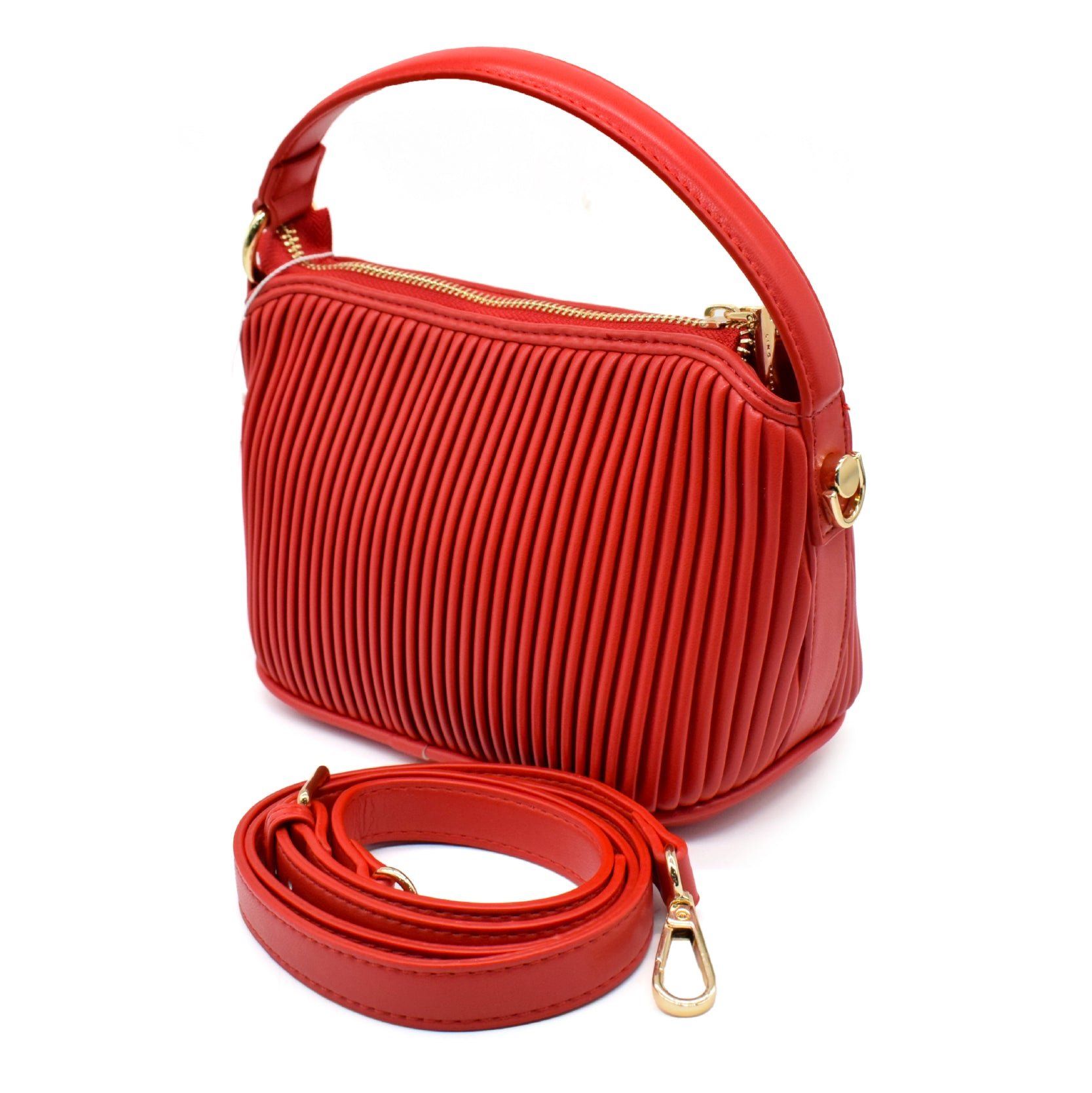 UMOJA Moxxa Nelly Scarlet Siren Handbag by Umoja | Red PU Leather with Pleated Texture, Gold Hardware, Top Handle & Detachable Shoulder Strap | Bold & Versatile Statement Bag