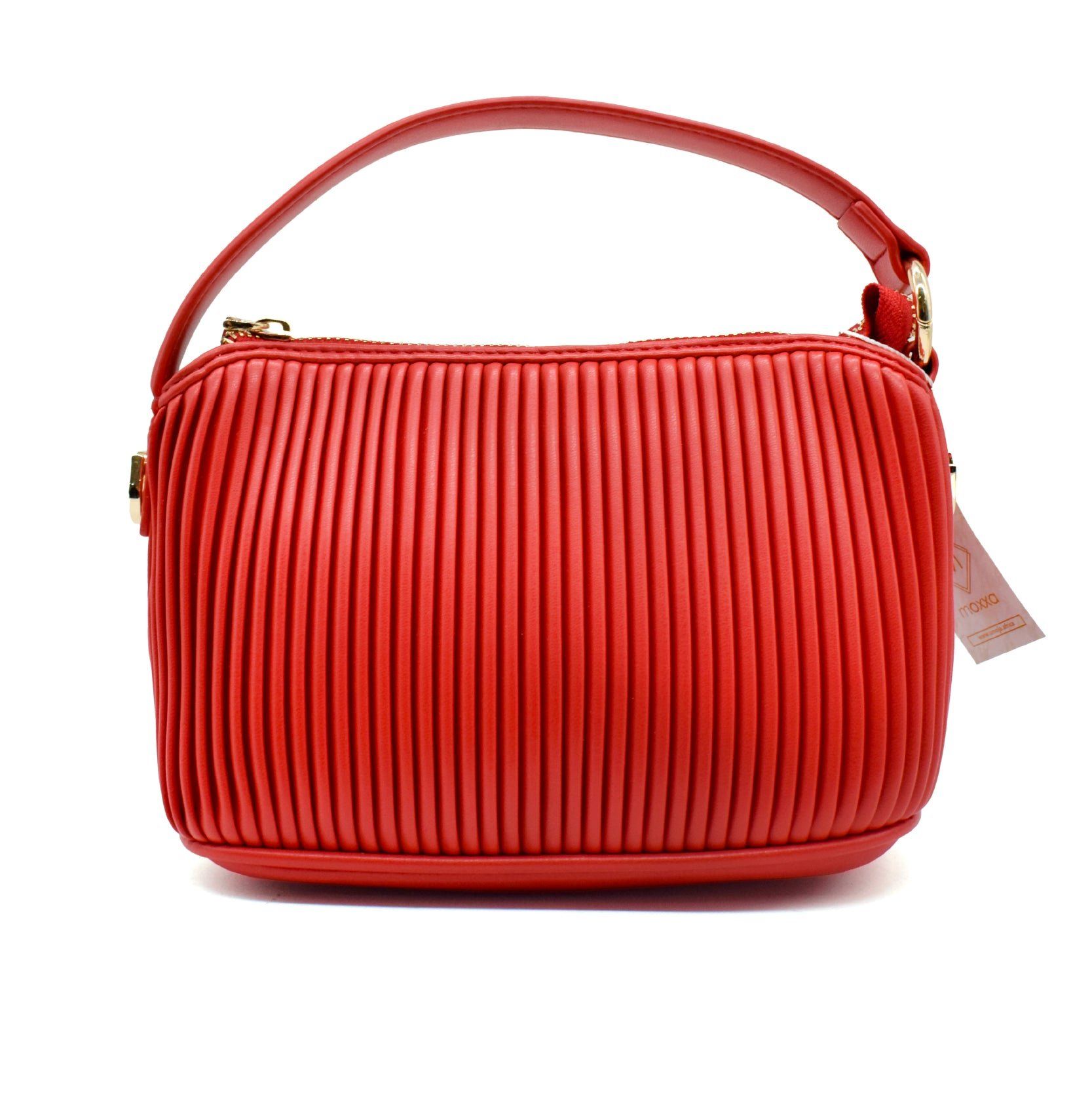 UMOJA Moxxa Nelly Scarlet Siren Handbag by Umoja | Red PU Leather with Pleated Texture, Gold Hardware, Top Handle & Detachable Shoulder Strap | Bold & Versatile Statement Bag