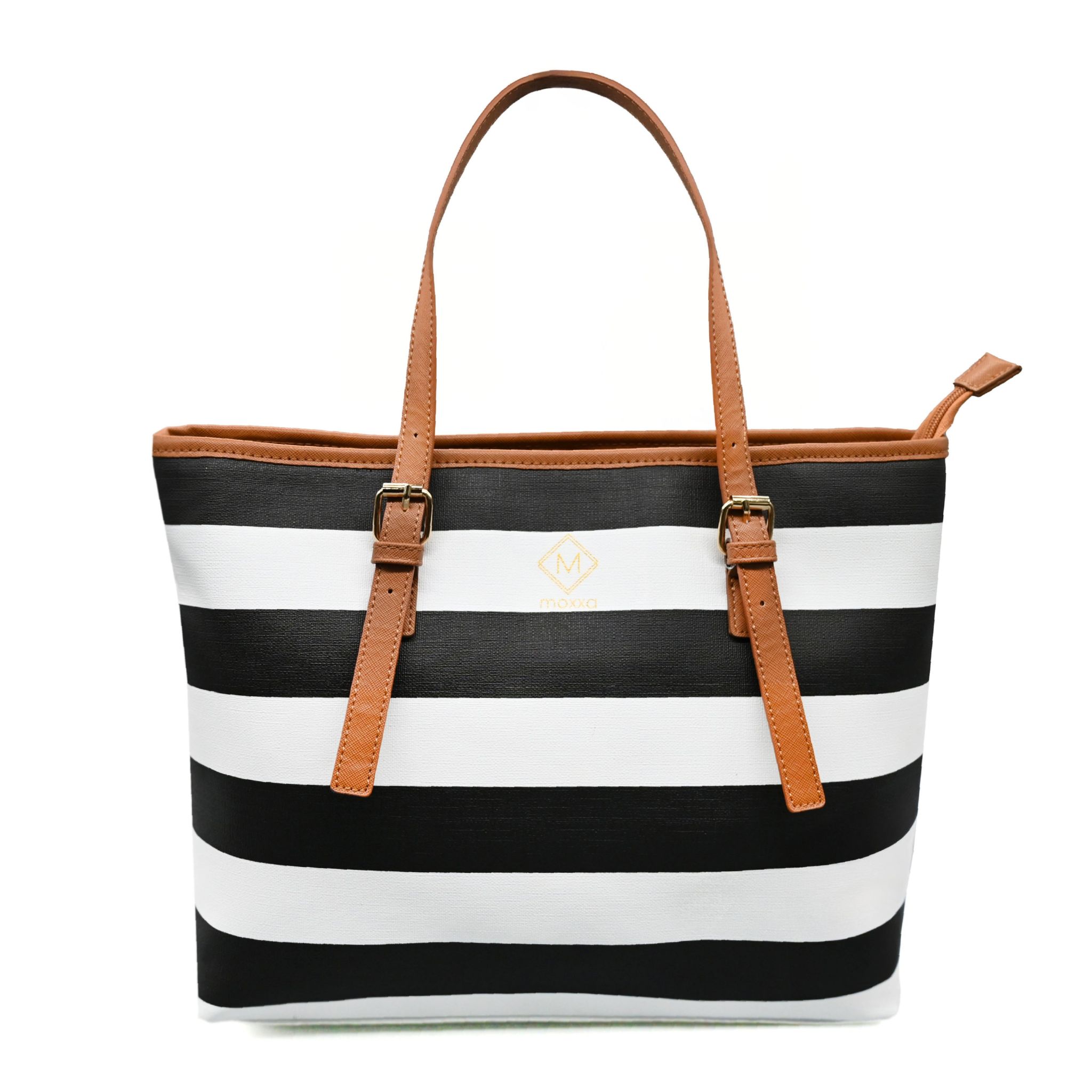UMOJA Striped Moxxa Tia by Umoja | Black & White Stripes with Brown Faux Leather Trim, Shoulder Straps & Gold Logo | Everyday Chic Structured Tote Bag