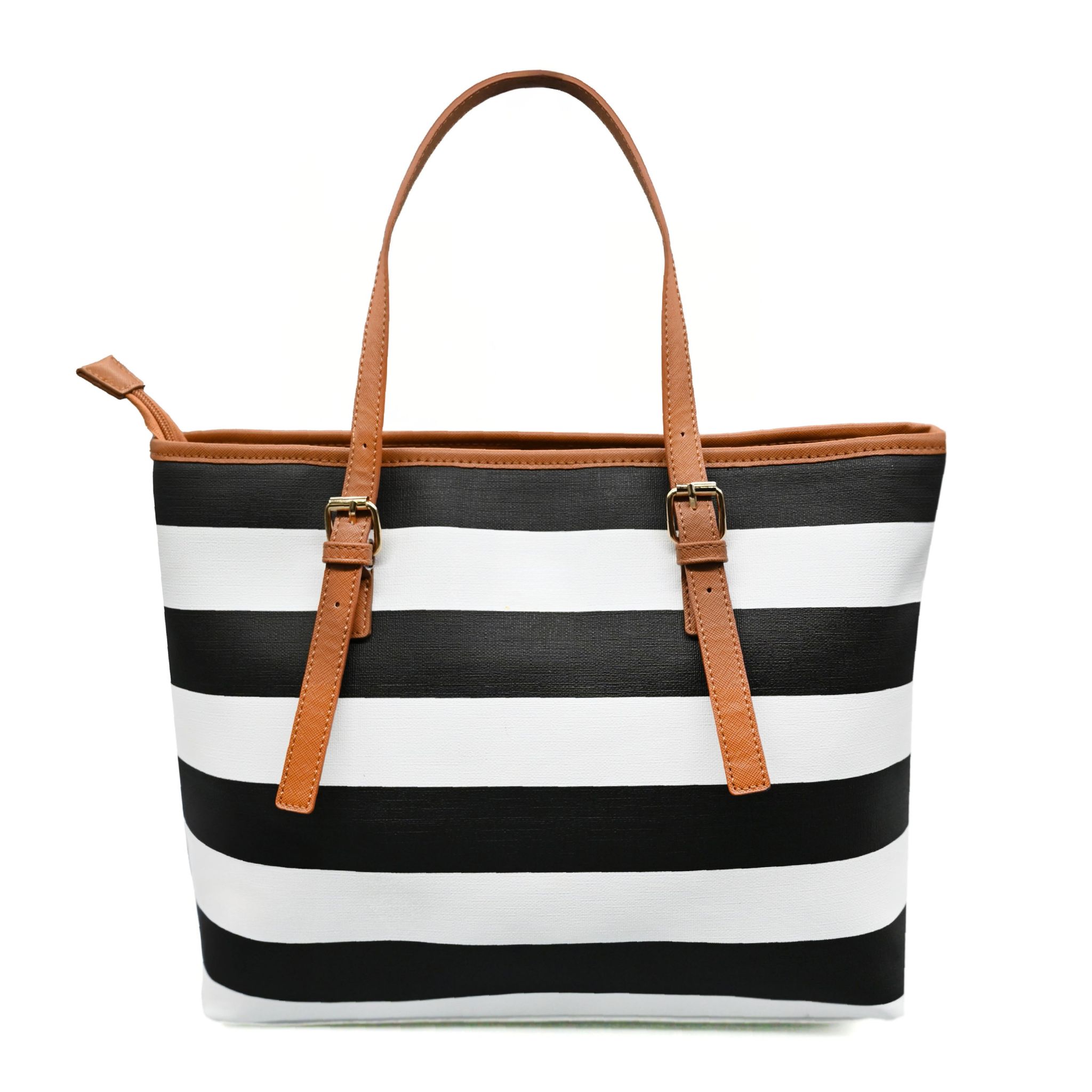 UMOJA Striped Moxxa Tia by Umoja | Black & White Stripes with Brown Faux Leather Trim, Shoulder Straps & Gold Logo | Everyday Chic Structured Tote Bag