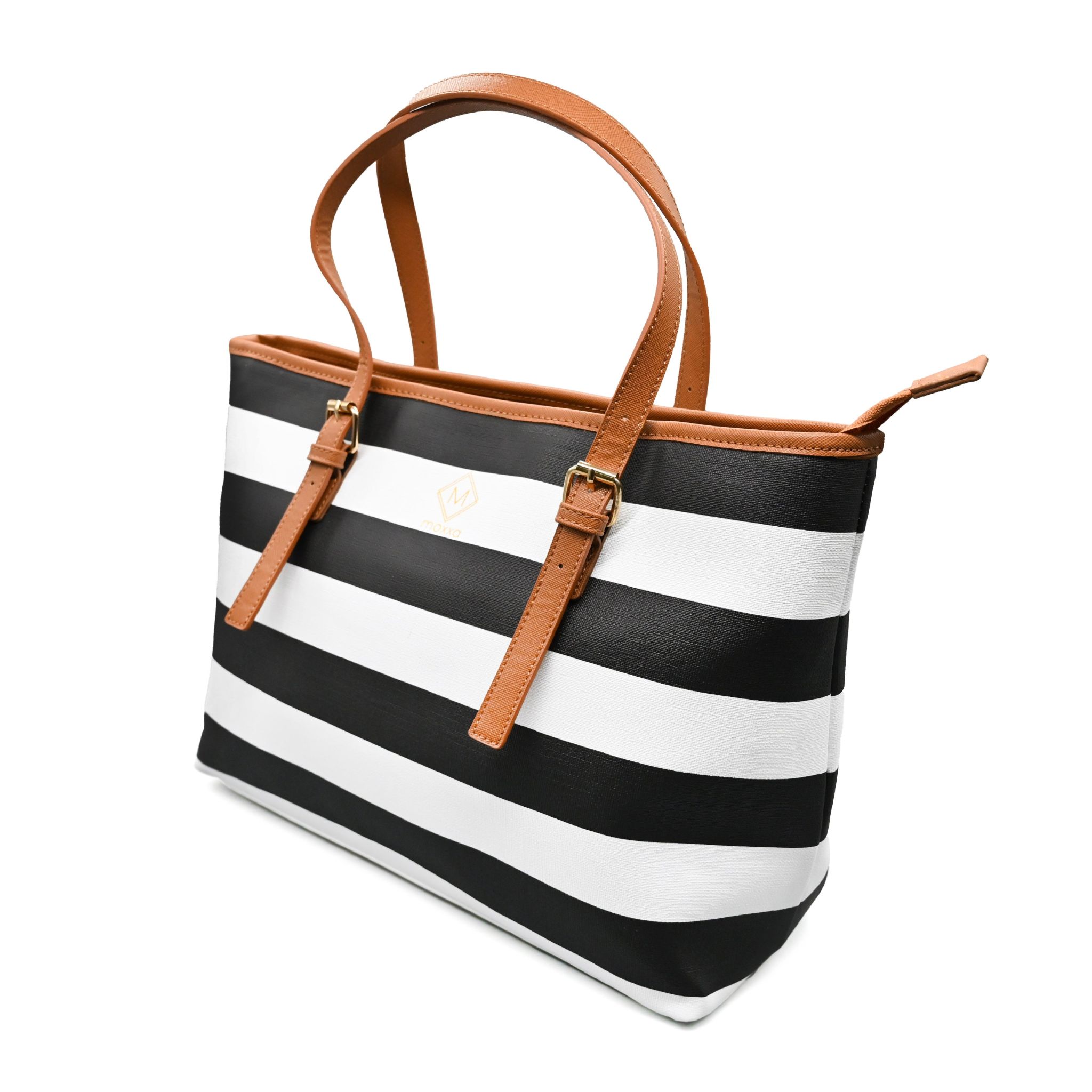 UMOJA Striped Moxxa Tia by Umoja | Black & White Stripes with Brown Faux Leather Trim, Shoulder Straps & Gold Logo | Everyday Chic Structured Tote Bag
