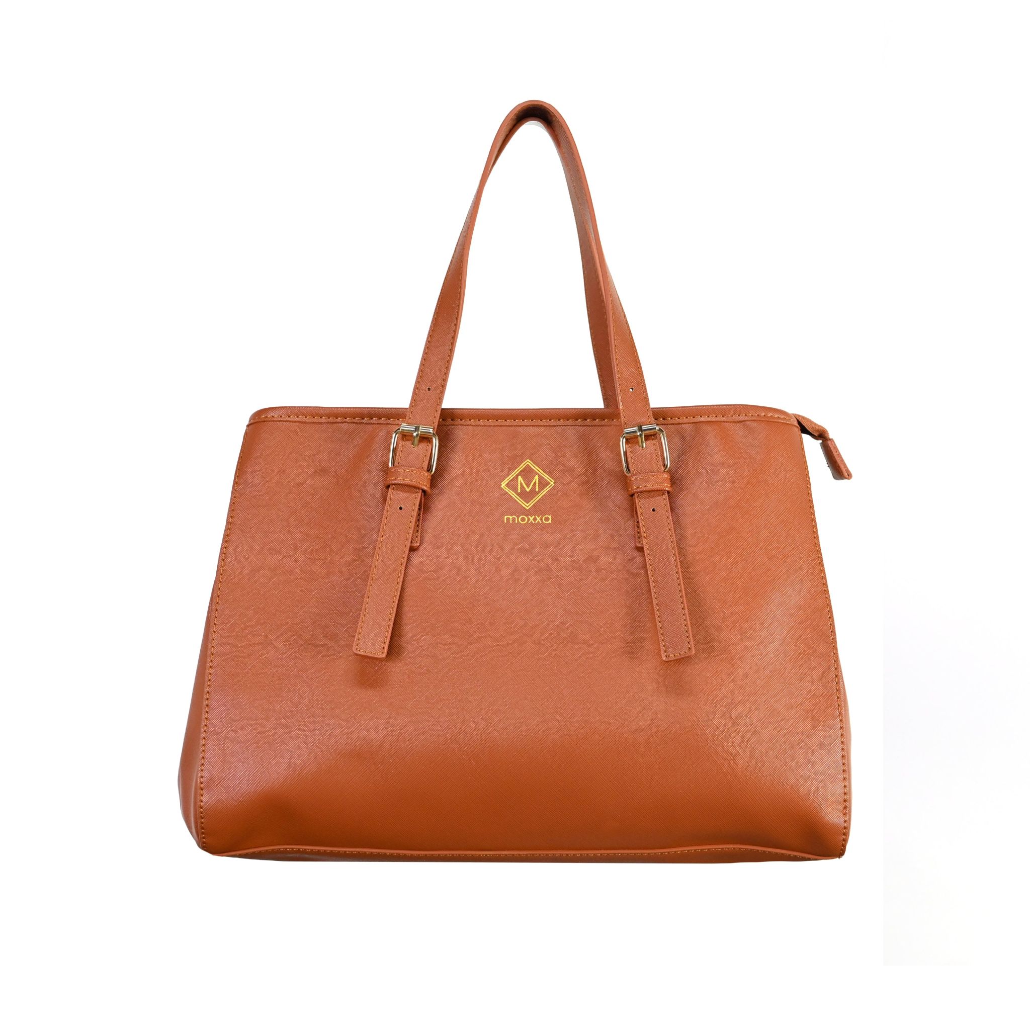 UMOJA Moxxa Tamara Tote by Umoja | Brown Cognac & Deep Blue Vegan PU Leather with Gold Hardware & Zipper Closure | Structured Elegant Everyday & Work Shoulder Tote Bag.