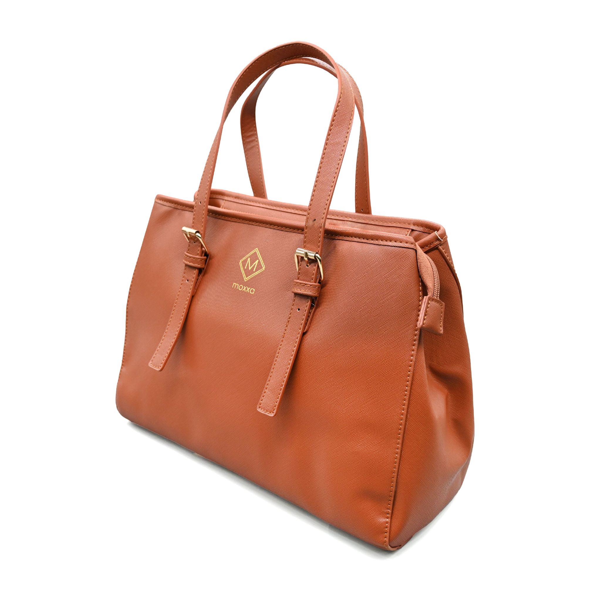 UMOJA Moxxa Tamara Tote by Umoja | Brown Cognac & Deep Blue Vegan PU Leather with Gold Hardware & Zipper Closure | Structured Elegant Everyday & Work Shoulder Tote Bag.