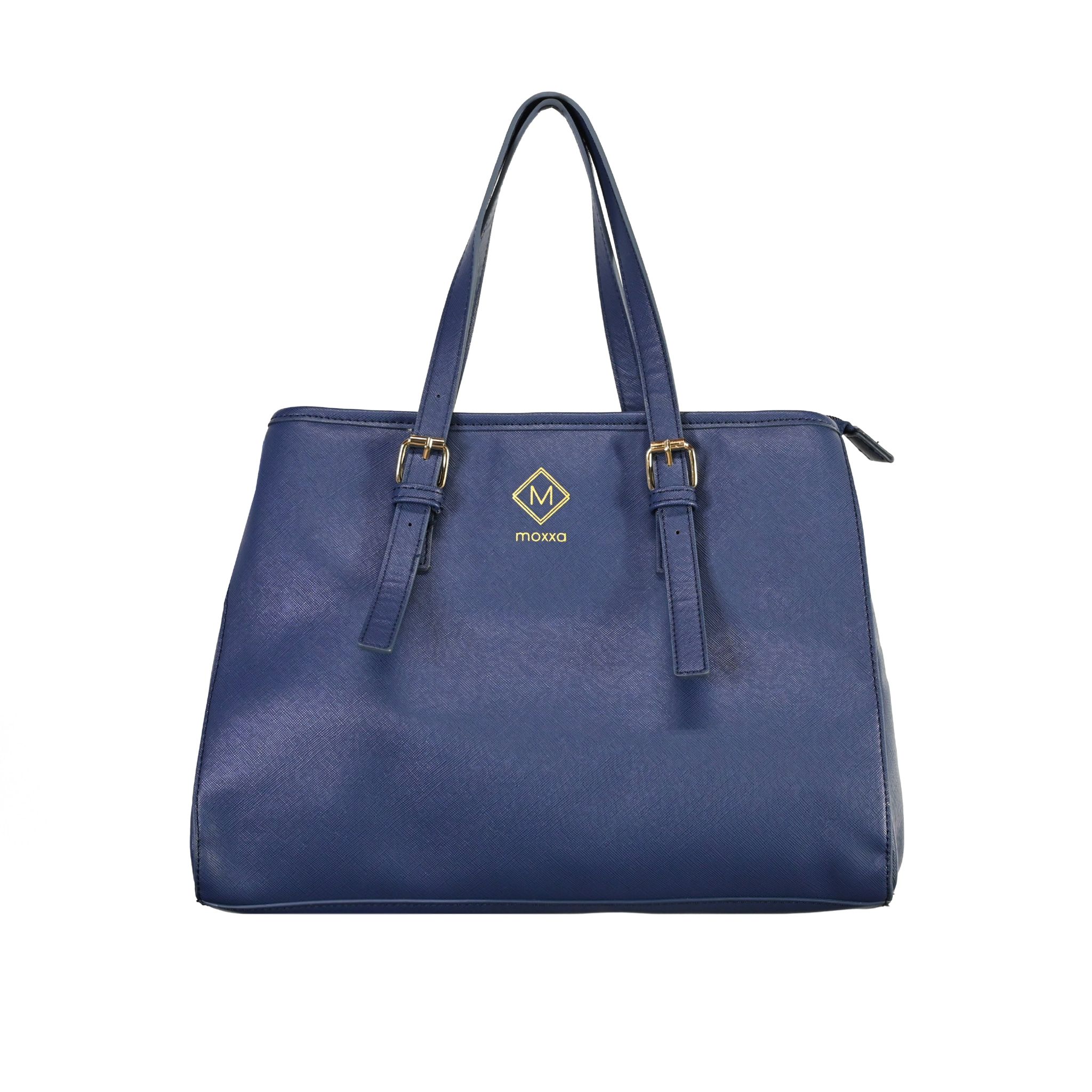 UMOJA Moxxa Tamara Tote by Umoja | Brown Cognac & Deep Blue Vegan PU Leather with Gold Hardware & Zipper Closure | Structured Elegant Everyday & Work Shoulder Tote Bag.