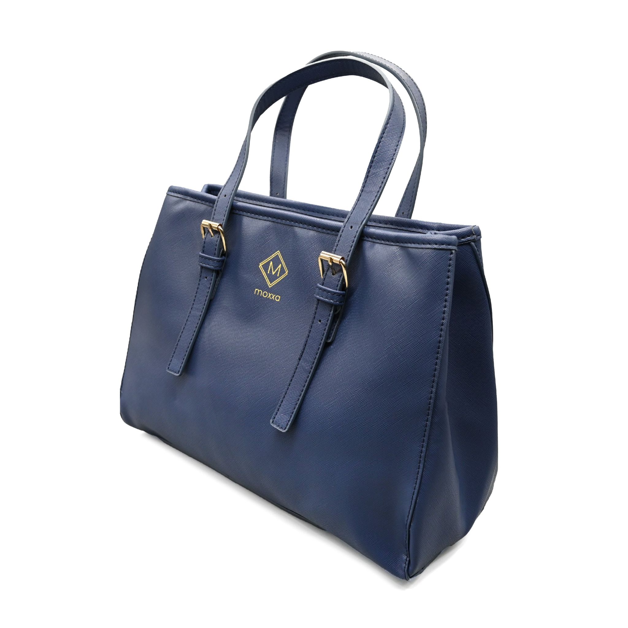 UMOJA Moxxa Tamara Tote by Umoja | Brown Cognac & Deep Blue Vegan PU Leather with Gold Hardware & Zipper Closure | Structured Elegant Everyday & Work Shoulder Tote Bag.