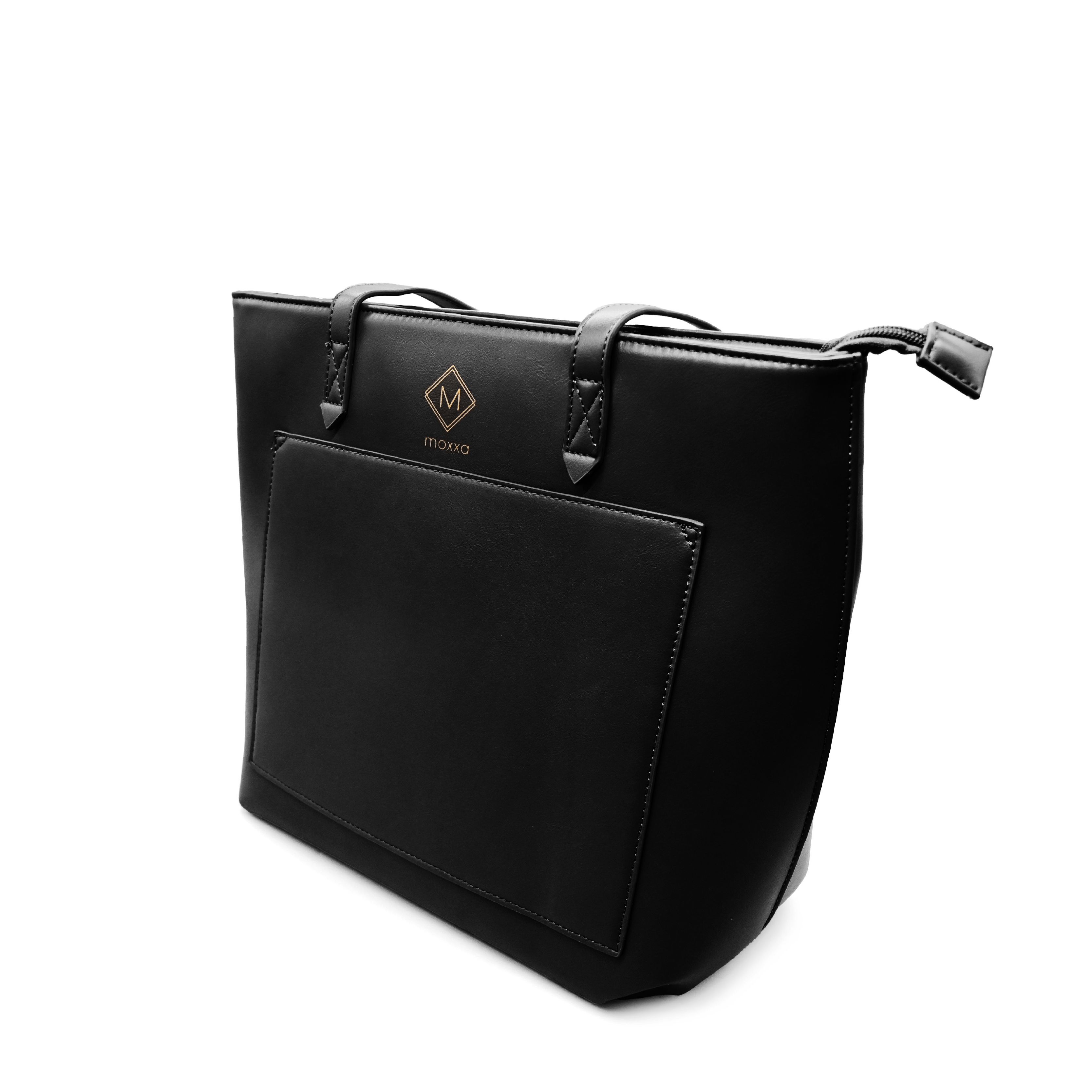 UMOJA Moxxa Talia Tote Collection by Umoja | Caramel Brown & Midnight Black PU Leather Totes with Front Pocket & Gold Hardware | Minimalist Structured Everyday & Work Shoulder Bags.