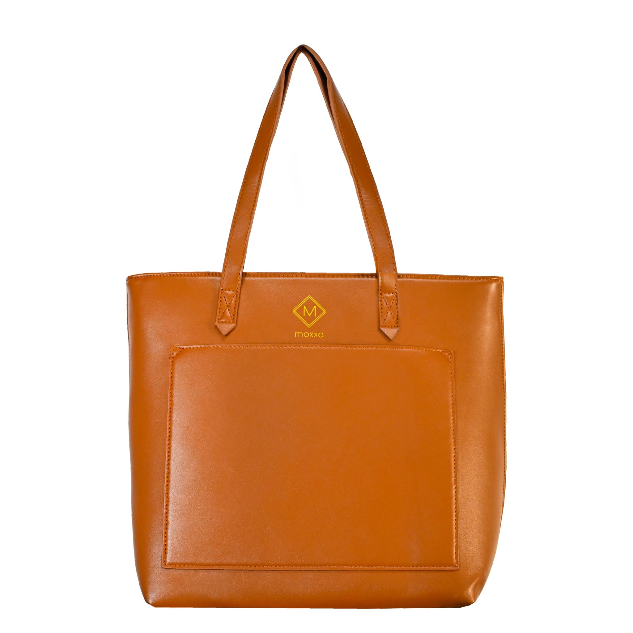 UMOJA Moxxa Talia Tote Collection by Umoja | Caramel Brown & Midnight Black PU Leather Totes with Front Pocket & Gold Hardware | Minimalist Structured Everyday & Work Shoulder Bags.