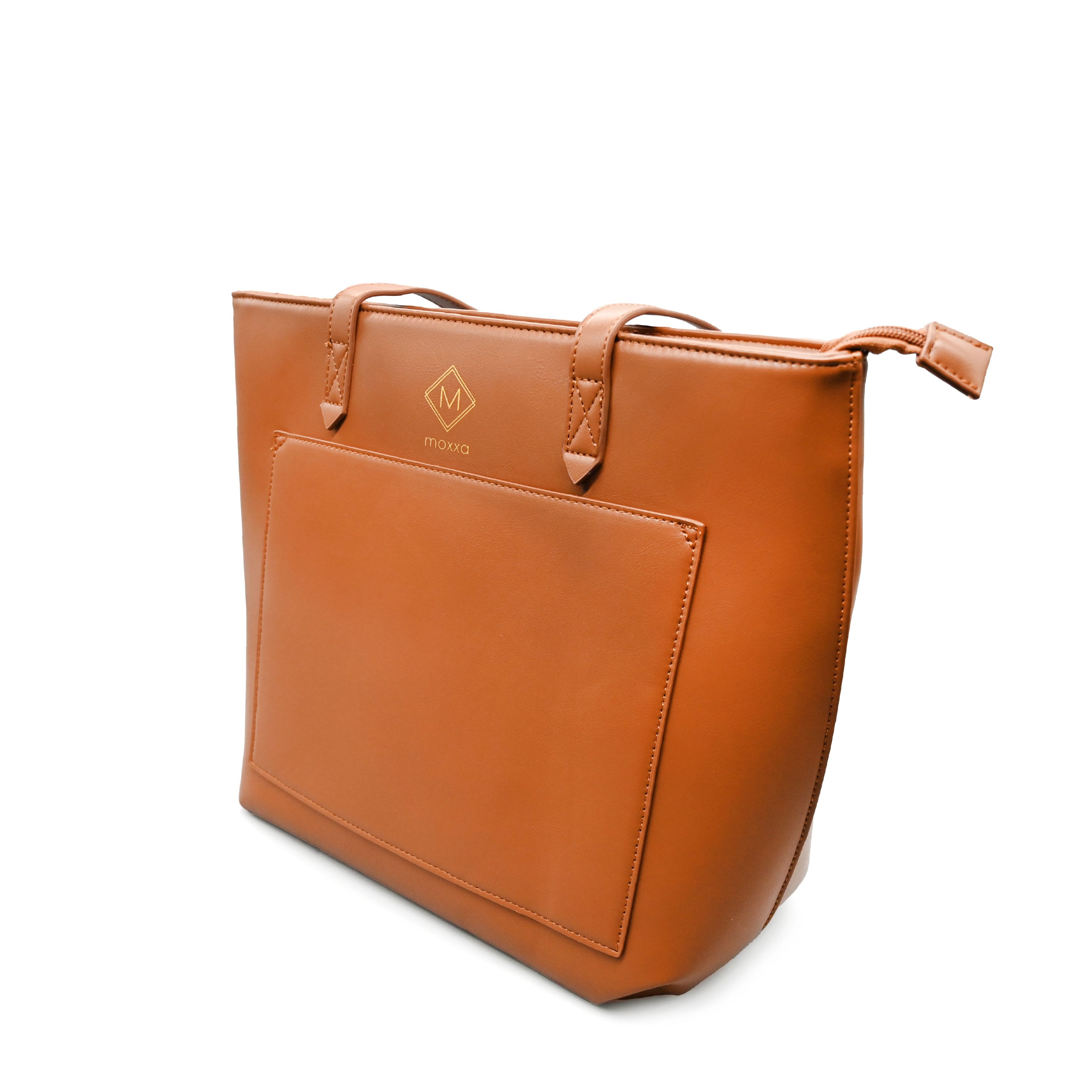 UMOJA Moxxa Talia Tote Collection by Umoja | Caramel Brown & Midnight Black PU Leather Totes with Front Pocket & Gold Hardware | Minimalist Structured Everyday & Work Shoulder Bags.
