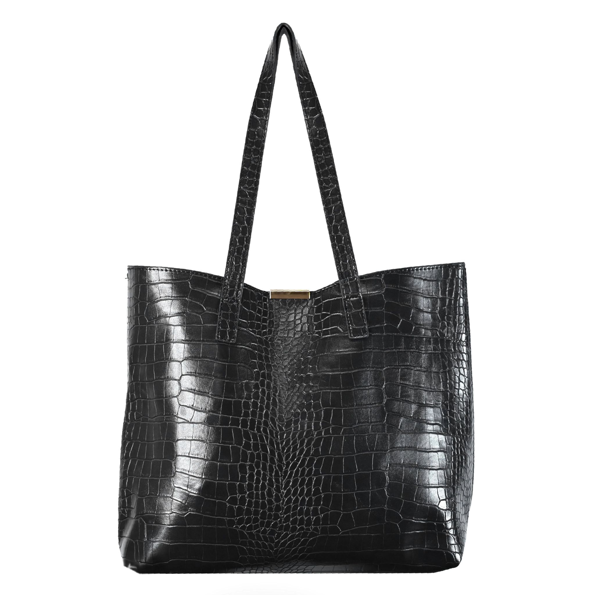 UMOJA Moxxa Terry Croc Duo by Umoja | Black & Navy Crocodile-Textured PU Tote with Magnetic Closure & Matching Clutch/Pouch with Zipper | Gold Hardware Handbag Set