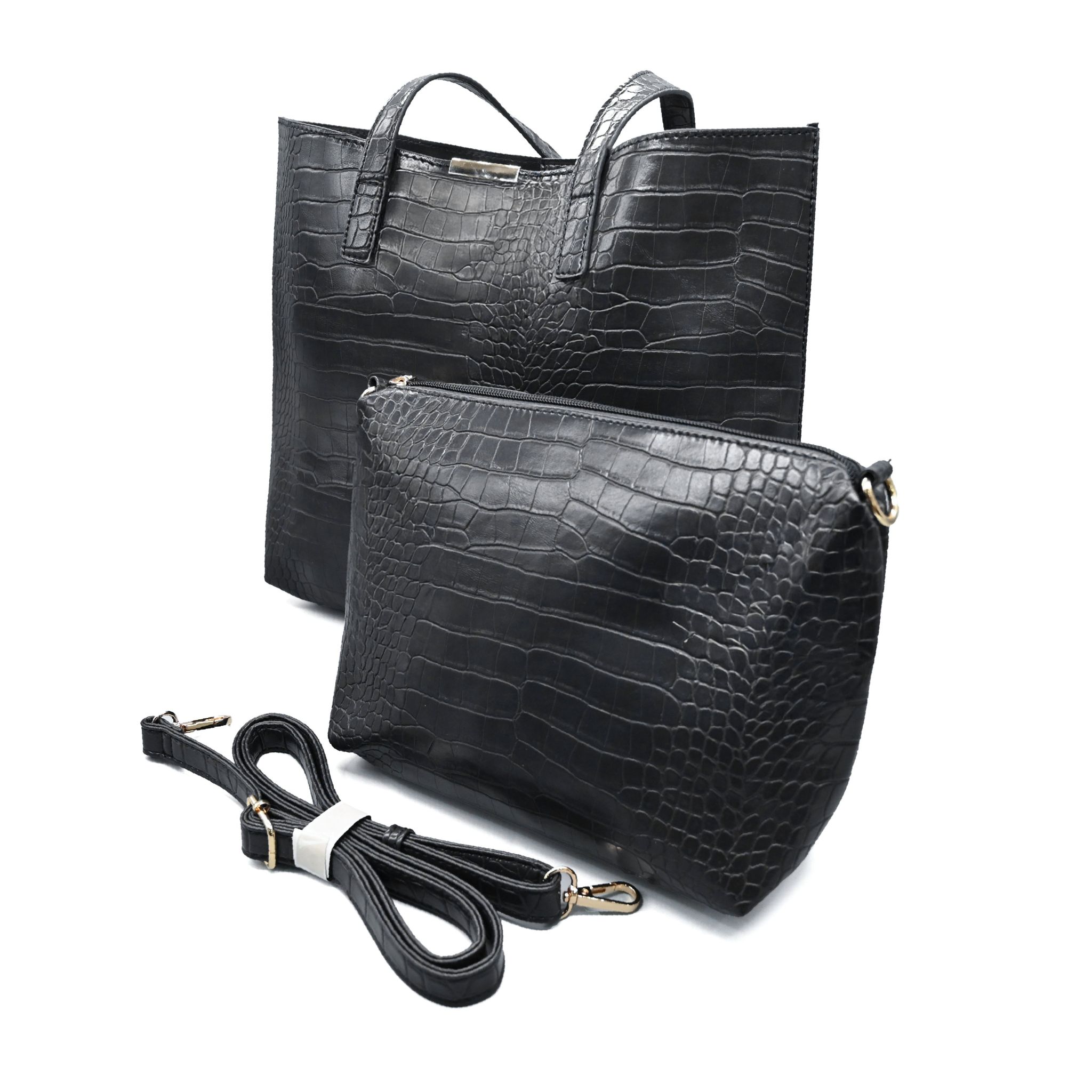 UMOJA Moxxa Terry Croc Duo by Umoja | Black & Navy Crocodile-Textured PU Tote with Magnetic Closure & Matching Clutch/Pouch with Zipper | Gold Hardware Handbag Set