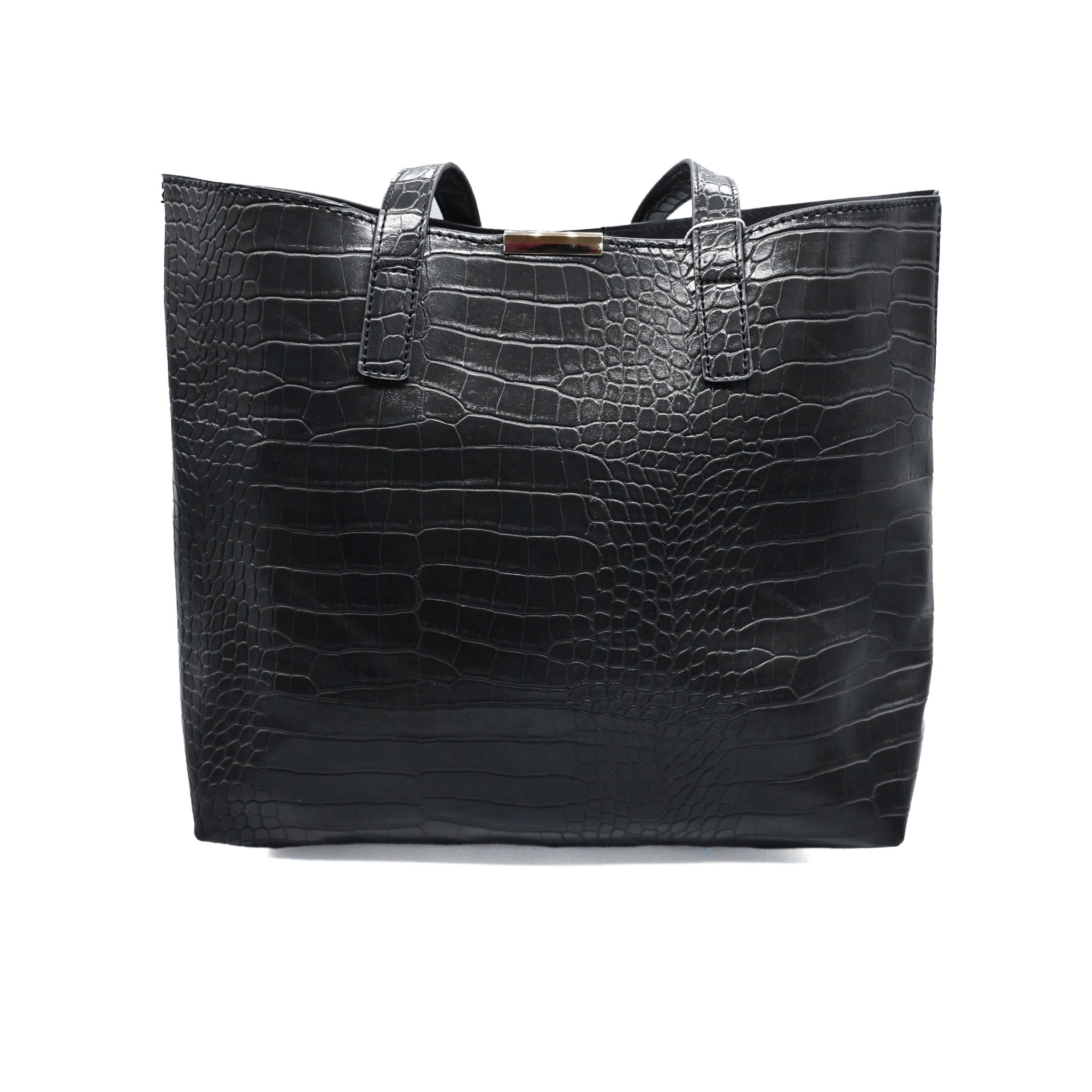 UMOJA Moxxa Terry Croc Duo by Umoja | Black & Navy Crocodile-Textured PU Tote with Magnetic Closure & Matching Clutch/Pouch with Zipper | Gold Hardware Handbag Set