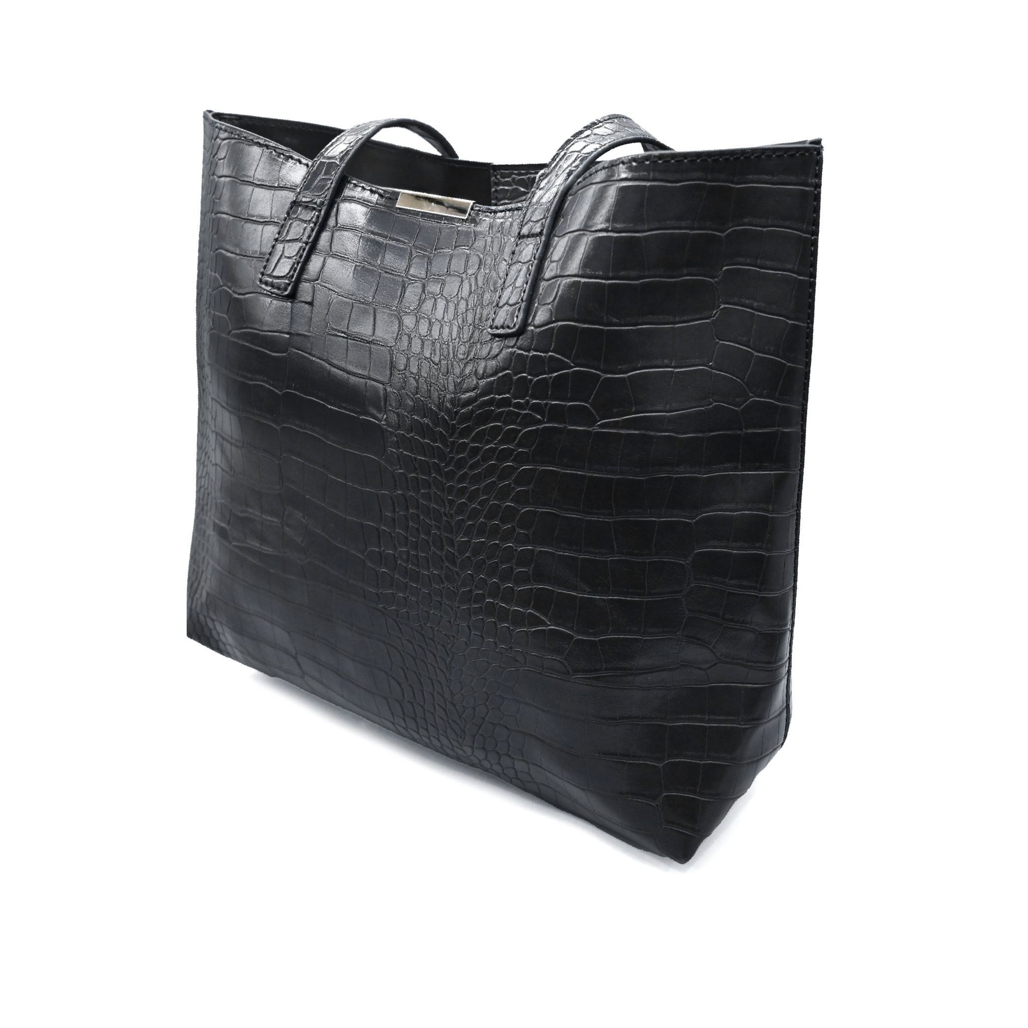 UMOJA Moxxa Terry Croc Duo by Umoja | Black & Navy Crocodile-Textured PU Tote with Magnetic Closure & Matching Clutch/Pouch with Zipper | Gold Hardware Handbag Set