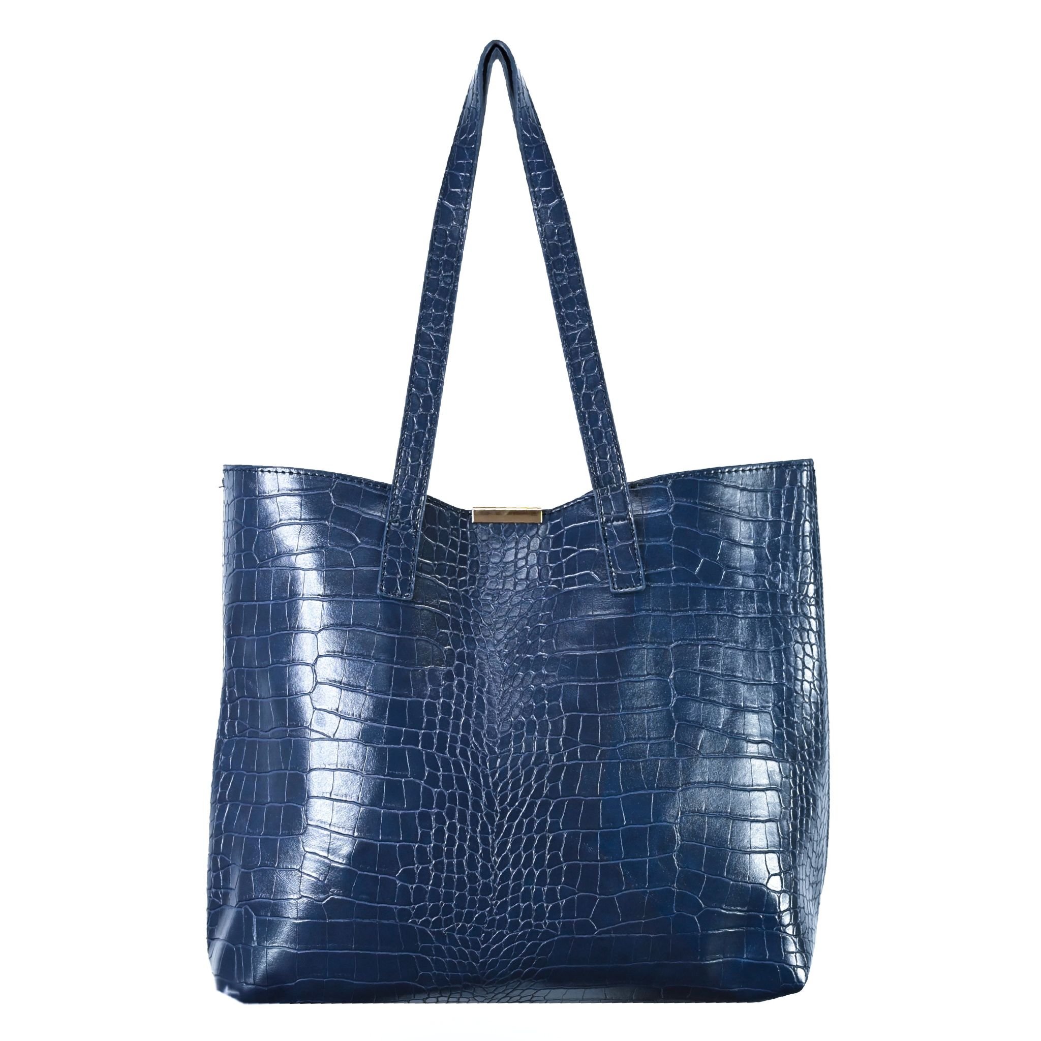 UMOJA Moxxa Terry Croc Duo by Umoja | Black & Navy Crocodile-Textured PU Tote with Magnetic Closure & Matching Clutch/Pouch with Zipper | Gold Hardware Handbag Set