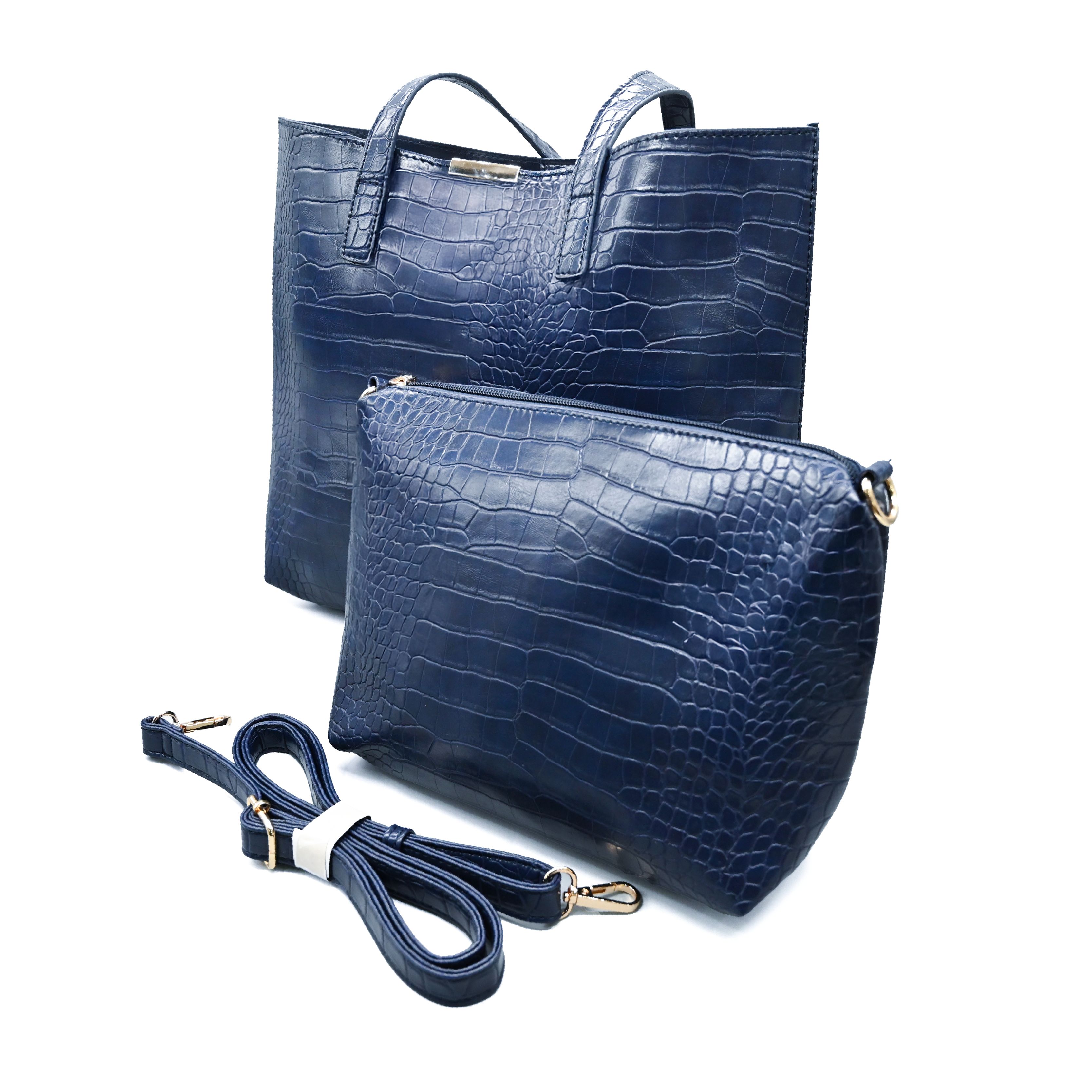 UMOJA Moxxa Terry Croc Duo by Umoja | Black & Navy Crocodile-Textured PU Tote with Magnetic Closure & Matching Clutch/Pouch with Zipper | Gold Hardware Handbag Set