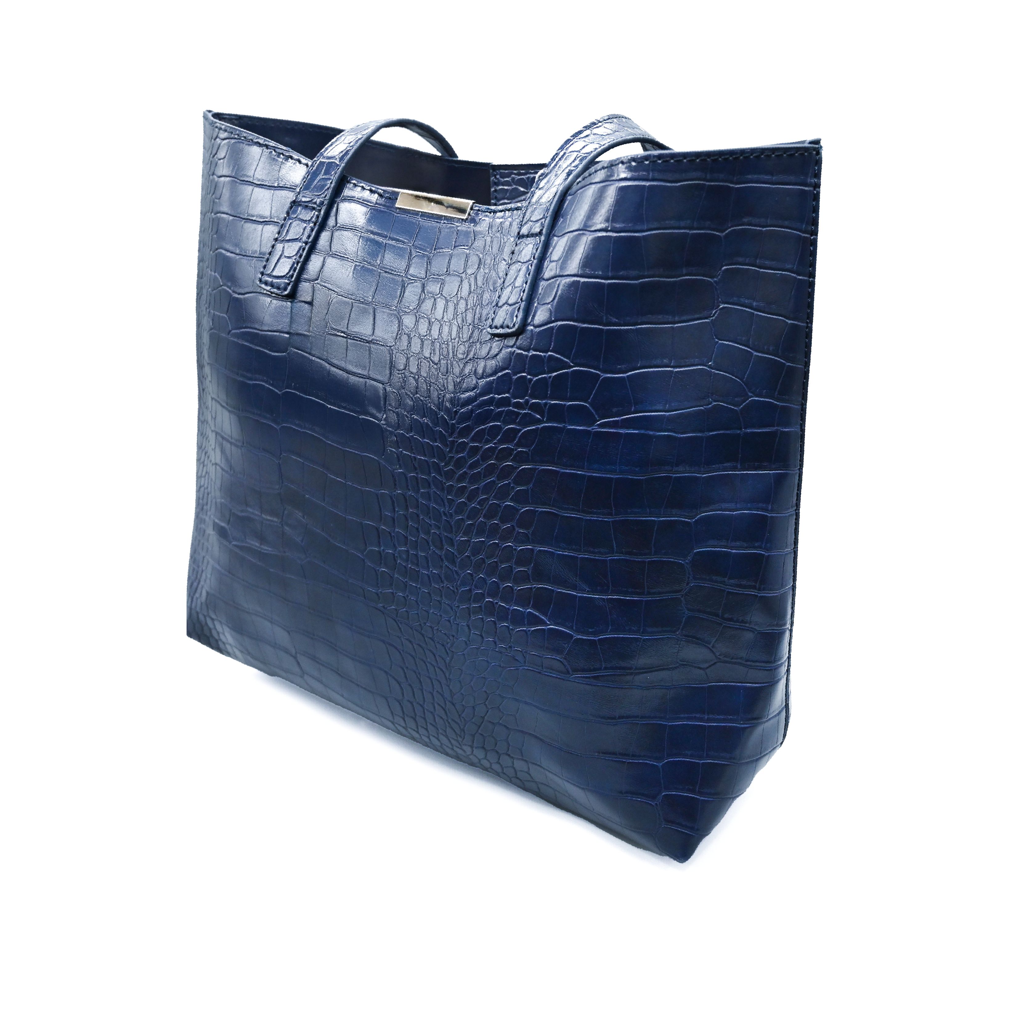 UMOJA Moxxa Terry Croc Duo by Umoja | Black & Navy Crocodile-Textured PU Tote with Magnetic Closure & Matching Clutch/Pouch with Zipper | Gold Hardware Handbag Set