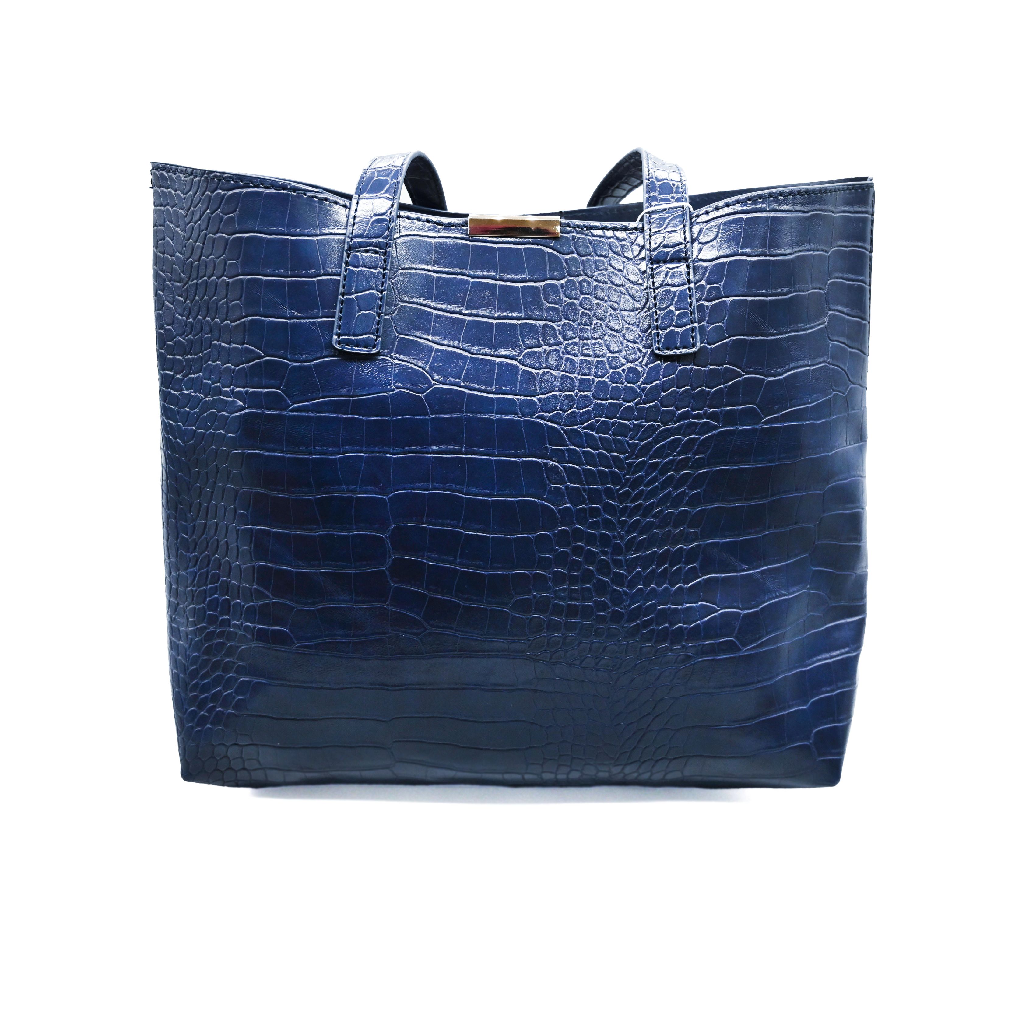 UMOJA Moxxa Terry Croc Duo by Umoja | Black & Navy Crocodile-Textured PU Tote with Magnetic Closure & Matching Clutch/Pouch with Zipper | Gold Hardware Handbag Set