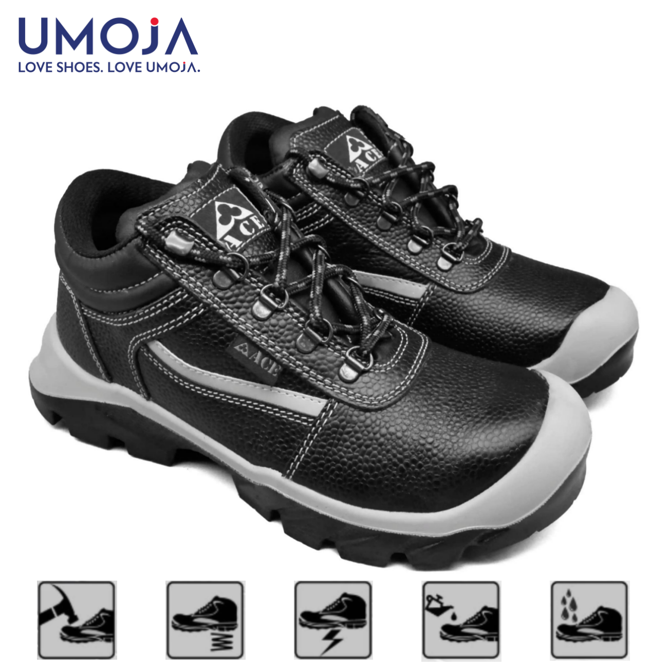 UMOJA Ace Duma Men's Safety Shoes – Grey | Water Resistant Leather Upper, Breathable 3D Air Mesh Lining, Dual Density P.U. Outsole, Steel Toecap for 200J Impact, Steel Penetration Resistant Insert.
