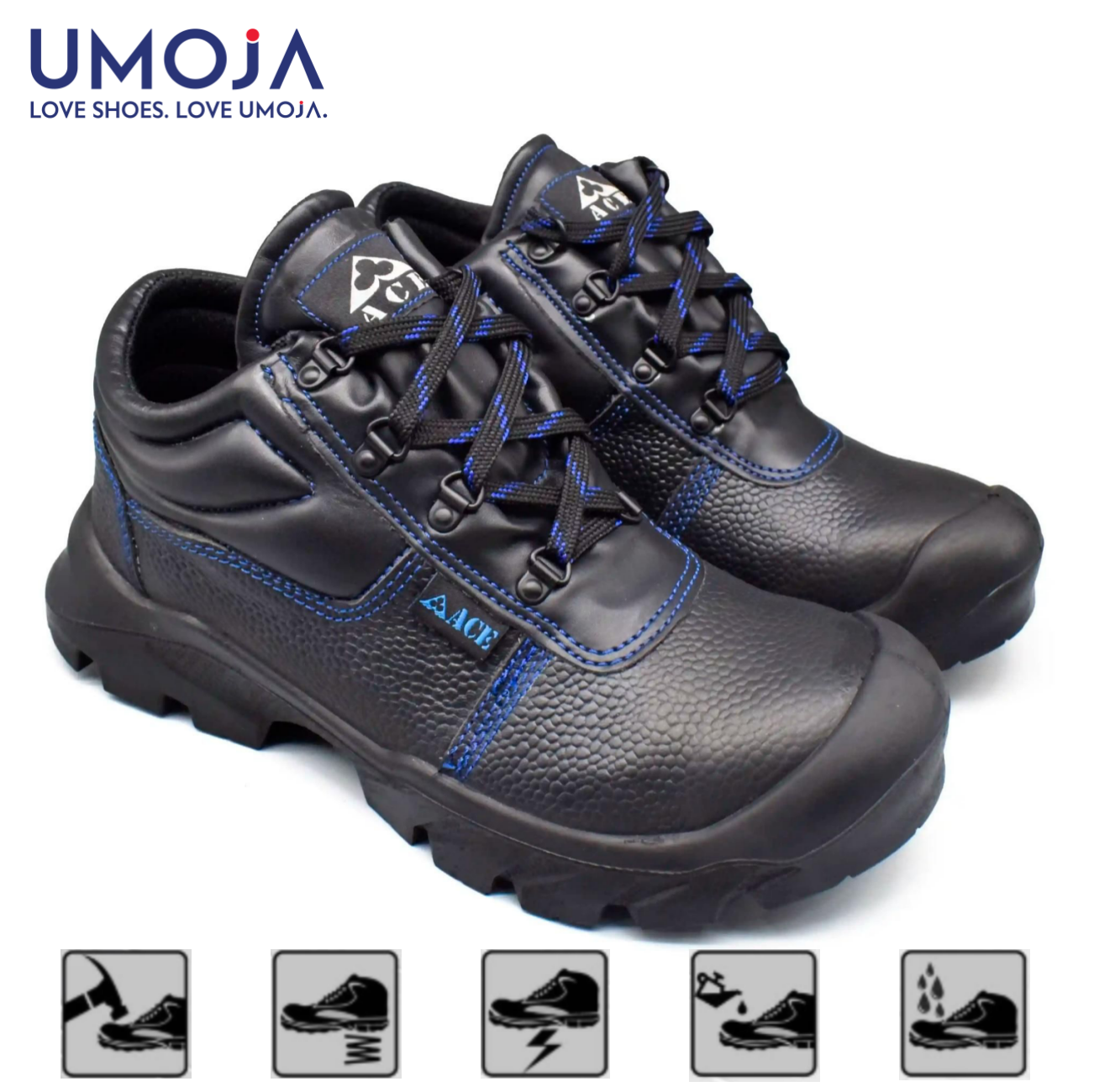 UMOJA Ace Mamba Men's Shoes Safety Shoes – Royal Blue - Water Resistant Leather Upper, Breathable Polyester Rice Mesh Lining, Dual Density P.U. Outsole, Steel Toecap For 200J Impact, S2 SRC. Men shoes