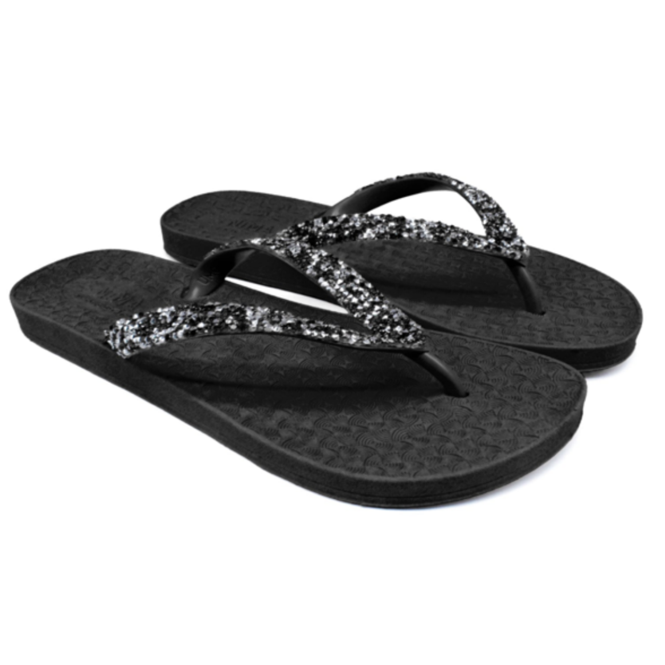 UMOJA Nima Almasi Sparkle Bliss Flip-Flops – Women’s sandal Black & White Straps with Silver & White Studs | Comfortable Stylish & Glamorous Footwear for Beach Pool Casual Outings & Vacation Lady Shoe