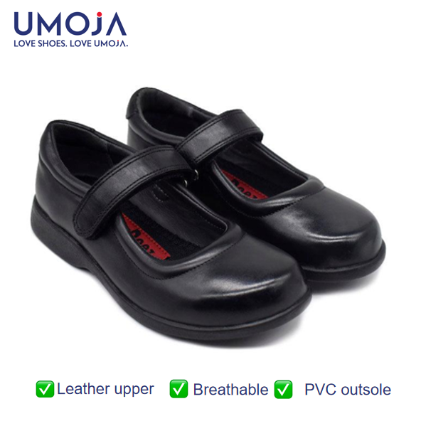 UMOJA Zuri Girls’ Velcro Leather School Shoes – Black | Made in Kenya by Umoja, Genuine Leather Lightweight Build, Anti-Slip Sole Secure Strap & Stylish Finish,kids School shoes + FREE GIFT FOR YOU