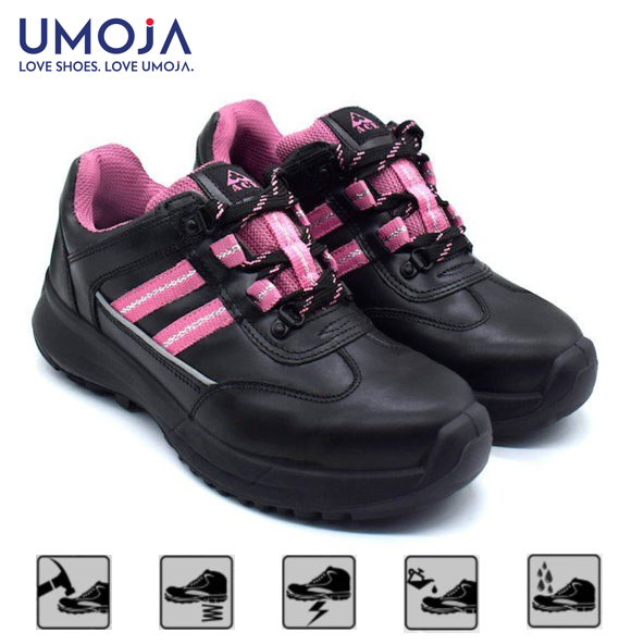 UMOJA Ace Sindi Ladies Safety Shoes – Magenta | Made in Kenya by Umoja, Water Resistant 1.8mm Leather, Breathable Gallop Mesh, PU Outsole, Steel Toe 200J, ISO 20345:2011 S2 SRC