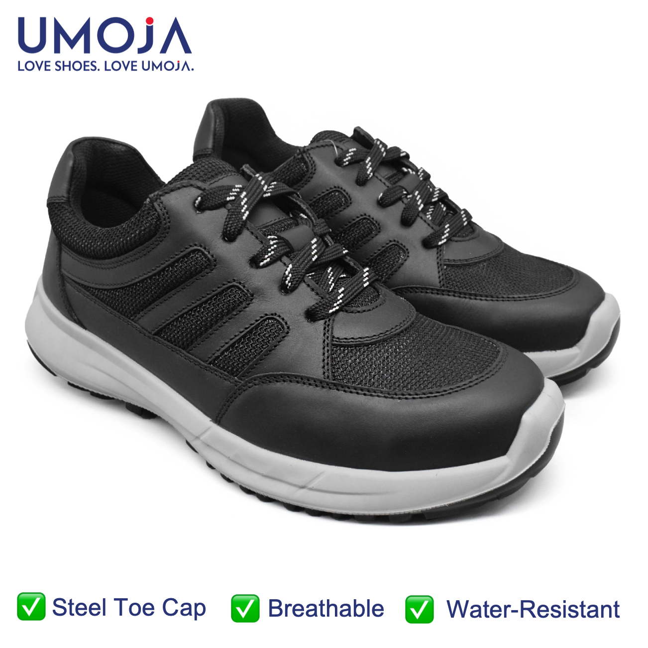 UMOJA Ace Altra Women’s Safety Shoes – Black | Made in Kenya by Umoja, Water Resistant 1.8mm Leather, Breathable Mesh Lining, Dual Density PU Outsole, Steel Toe 200J ISO 20345:2011 S2 SRC  Ladies Shoe