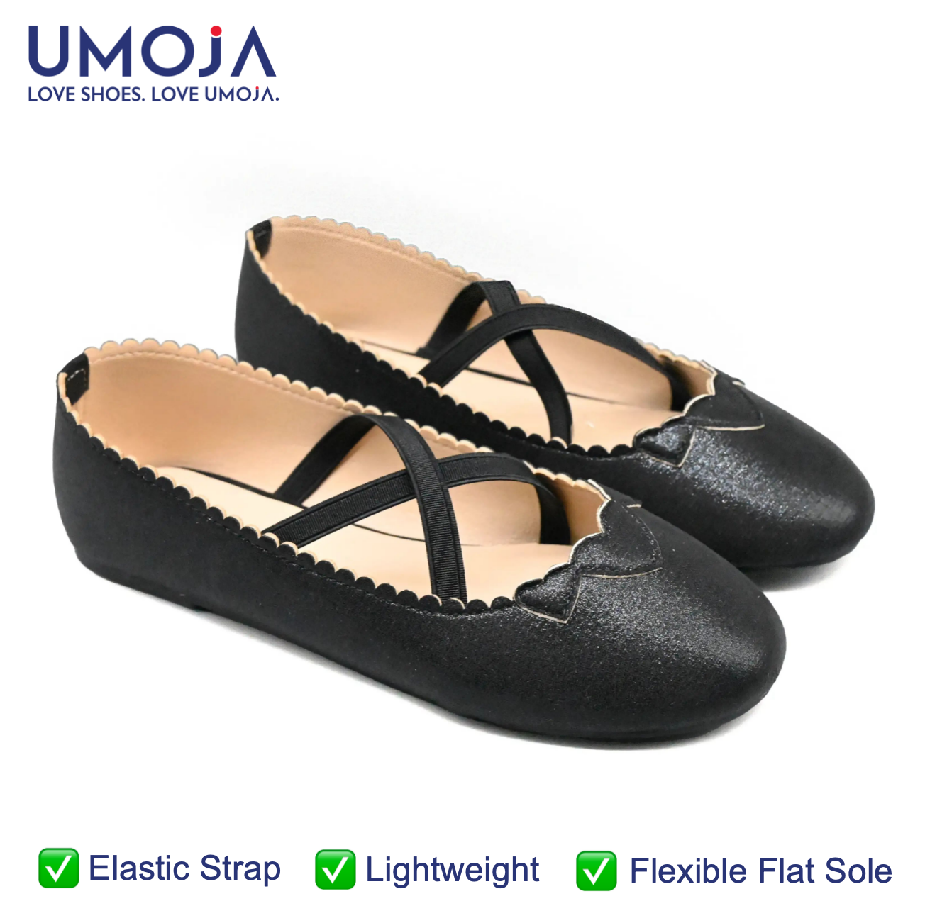 UMOJA Buggies Kendra Kids Shoes – Golden Heart & Black Twinkle Toes Mary Janes with crisscross straps, scalloped edges and glitter.Elegant, comfy shoes for parties, school and casual outings.Kids Shoe