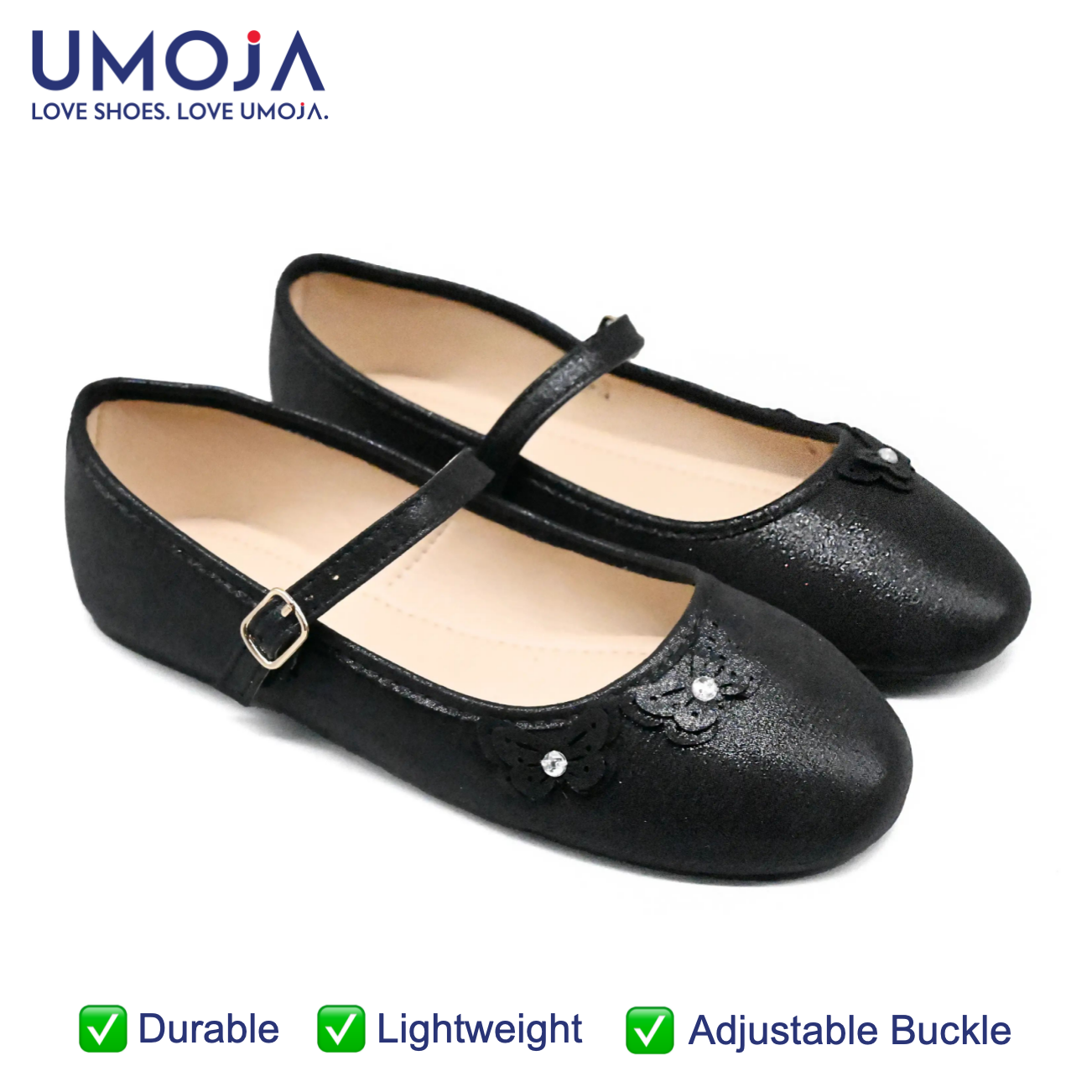 UMOJA Buggies Kendal Kids Shoes by Umoja – Gold & Black Glitter Mary Janes with rhinestone butterfly/floral detail & adjustable buckle. Elegant, comfy & stylish for parties girls shoes Kids Shoes