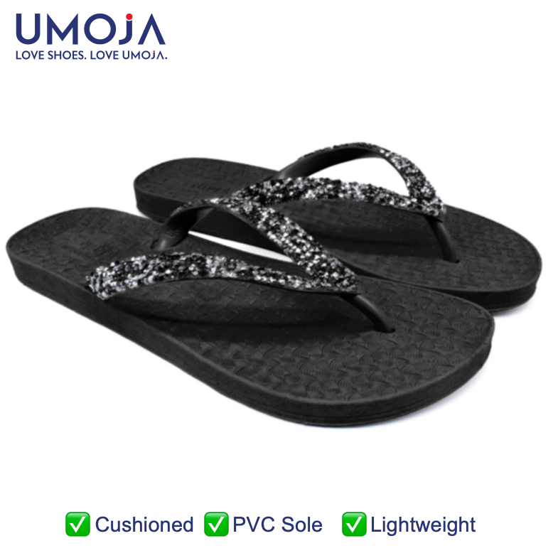 UMOJA Nima Almasi Sparkle Bliss Flip-Flops – Women’s sandal Black & White Straps with Silver & White Studs | Comfortable Stylish & Glamorous Footwear for Beach Pool Casual Outings & Vacation Lady Shoe