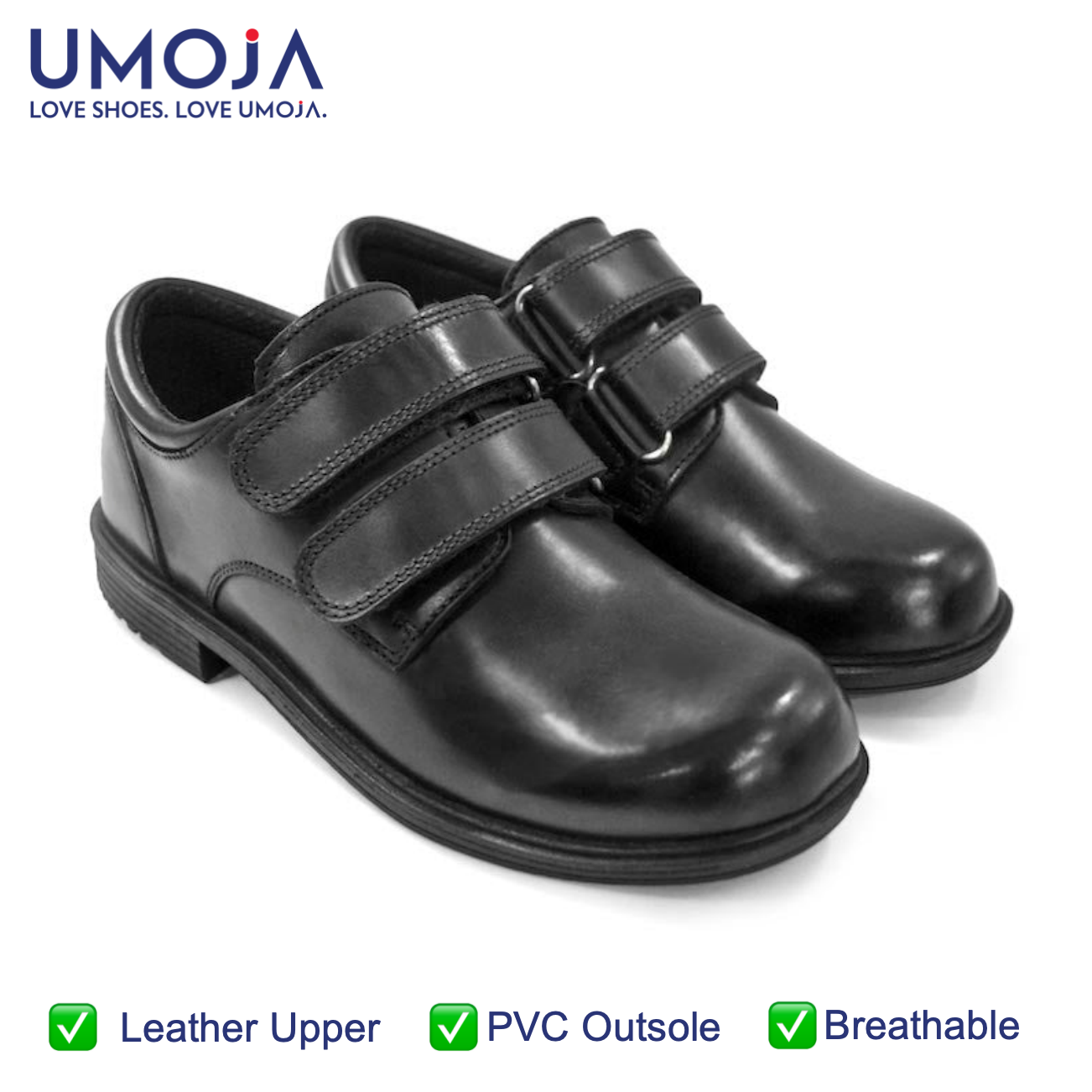 UMOJA Taji Boys’ Double Velcro Leather School Shoes – Black | Made in Kenya by Umoja, Genuine Leather, Durable Sole, Easy Double-Strap Closure, Comfortable Fit & Smart Design for School kids Shoes