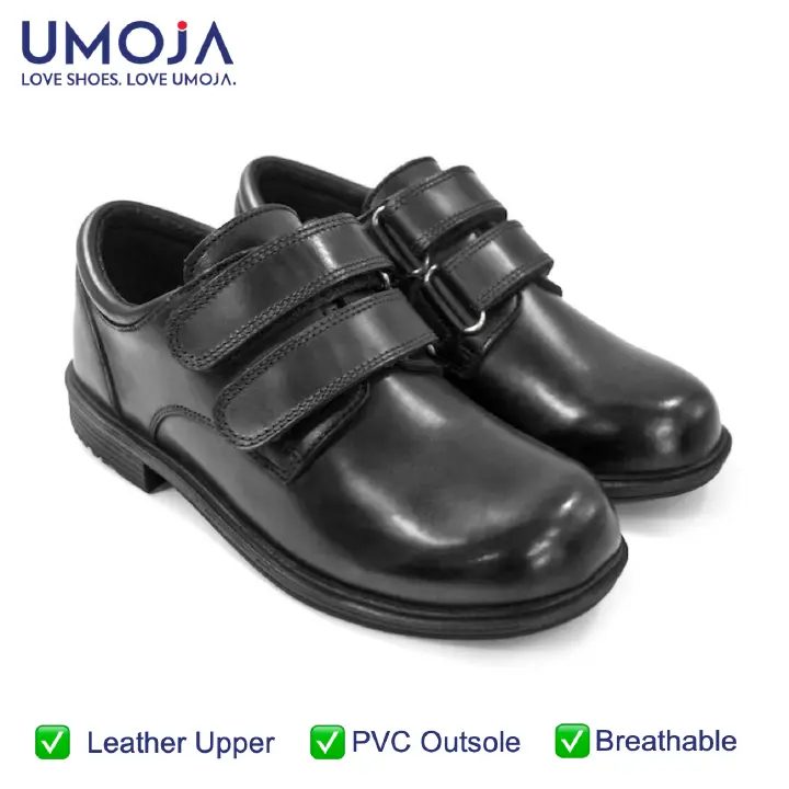 UMOJA Taji Boys’ Double Velcro Leather School Shoes – Black | Made in Kenya by Umoja, Genuine Leather, Durable Sole, Easy Double-Strap Closure, Comfortable Fit & Smart Design for School kids Shoes