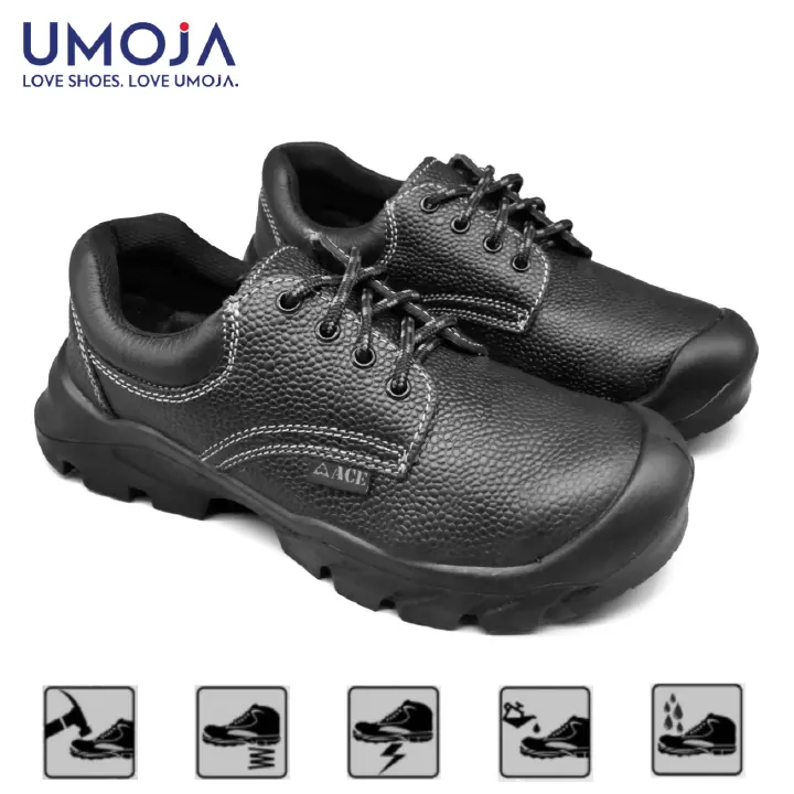 UMOJA Ace Chui Safety Shoes – Black & Orange | Water Resistant 1.8mm Leather Upper, Breathable Polyester Rice Mesh Lining, Dual Density PU Outsole, Steel Toe Cap 200J, ISO 20345:2011 S2 SRC Mens Shoes