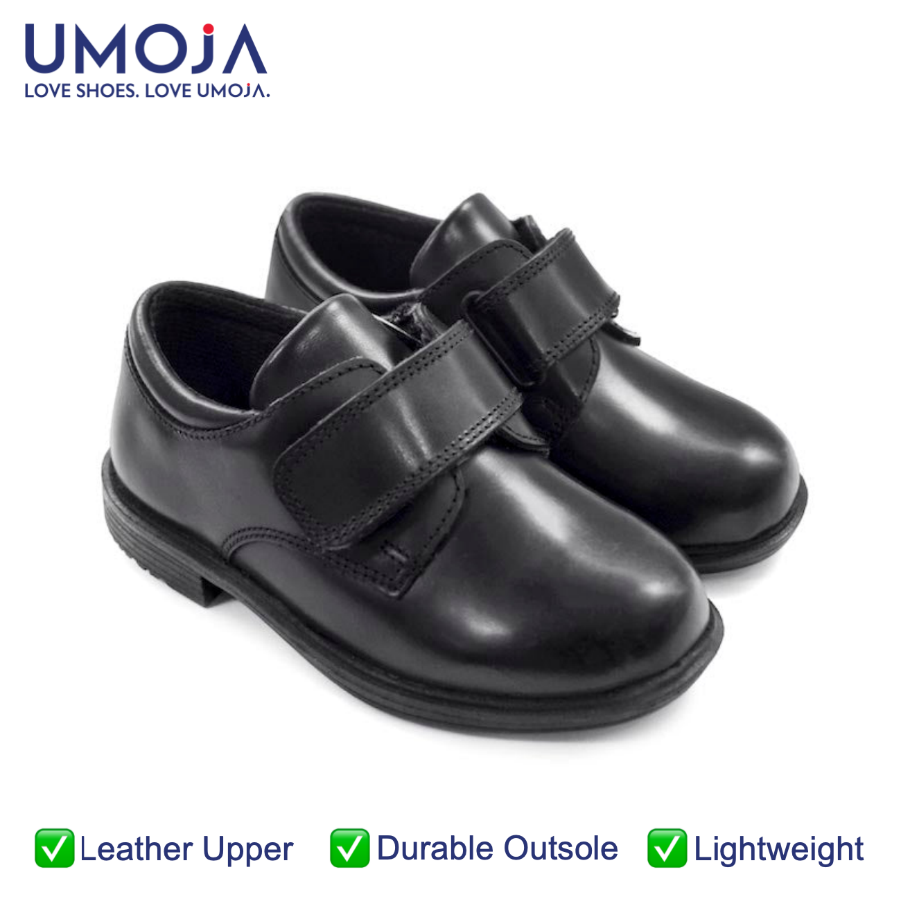 UMOJA Taji Boys’ Single Velcro Leather School Shoes – Black | Made in Kenya by Umoja, Genuine Leather, Durable Sole, Easy Double-Strap Closure, Comfortable Fit & Smart Design for School Kids Shoes