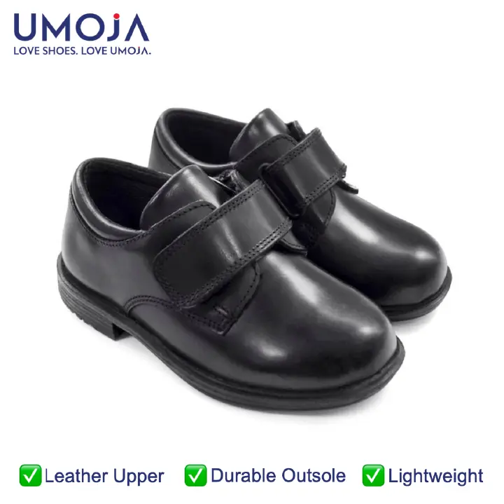 UMOJA Taji Boys’ Single Velcro Leather School Shoes – Black | Made in Kenya by Umoja, Genuine Leather, Durable Sole, Easy Double-Strap Closure, Comfortable Fit & Smart Design for School Kids Shoes
