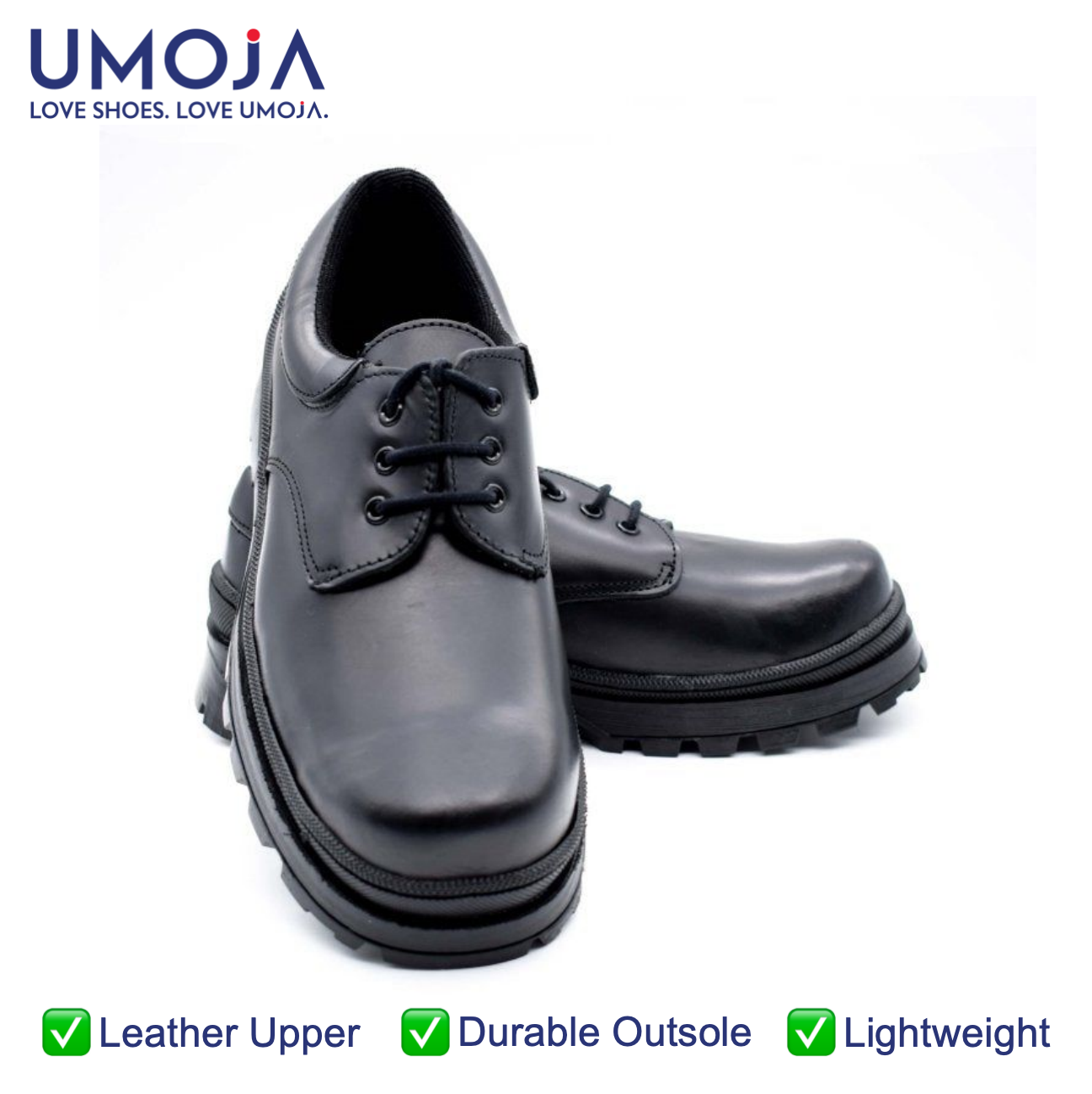 UMOJA Shupavu® Boys’ Black Leather School Shoes – Made in Kenya | Water Resistant Leather Upper, PVC Outsole, Breathable Mesh Lining – Sizes 9C to 1 All Day Comfort Long Lasting School Shoes