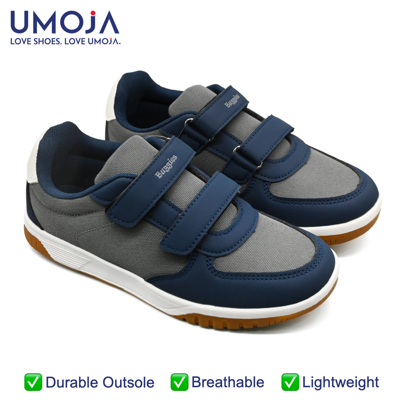 UMOJA Buggies Ezra Kids Sneakers by Umoja – Light Gray & Gray/Navy Blue Hook-and-Loop Shoes | Durable, Comfortable & Stylish Everyday Footwear for Play, Park Adventures & Casual Outings  Kids Shoes