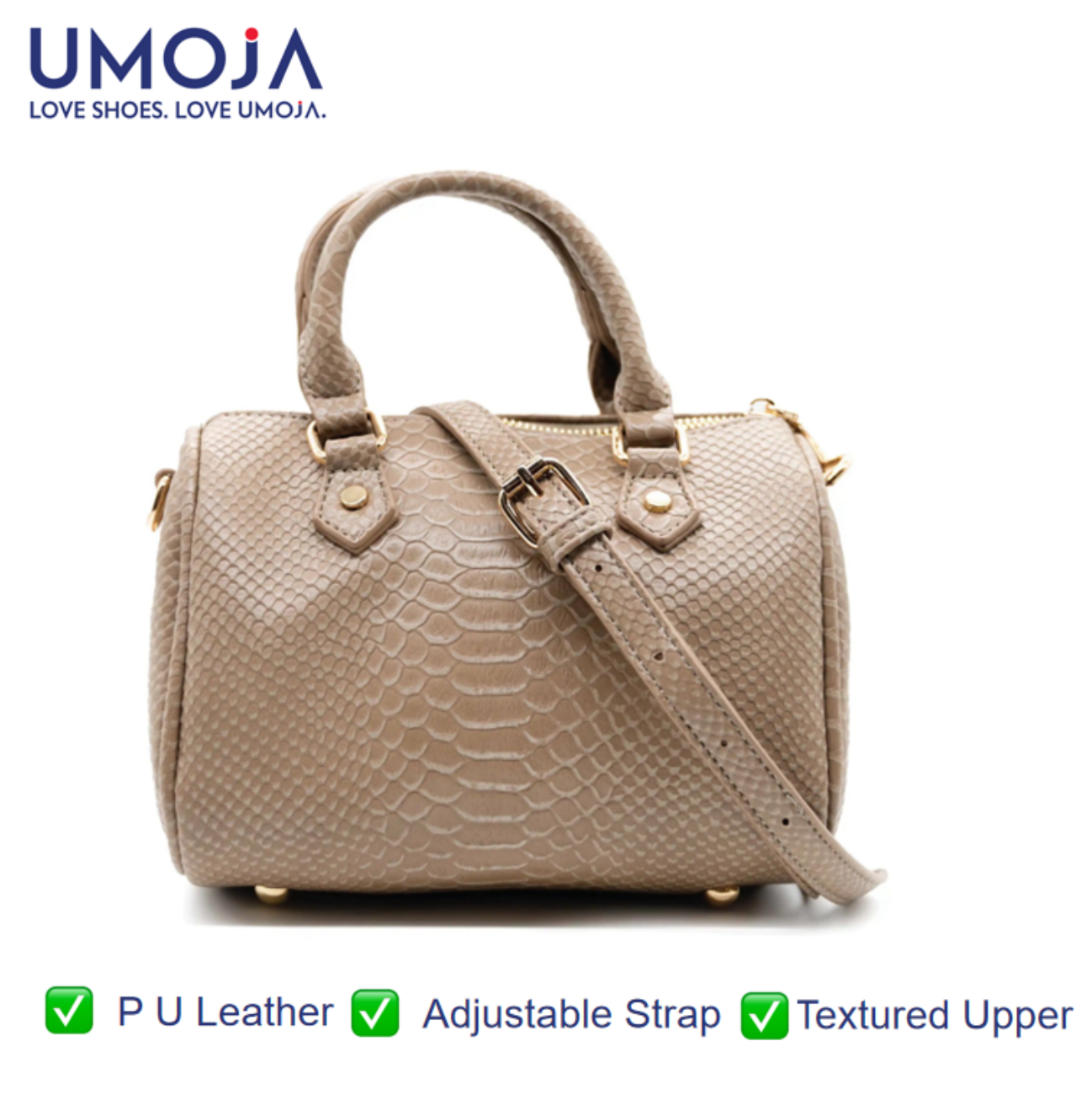 UMOJA Moxxa Naomi Mini Barrel Bag Duo by Umoja | Neutral Beige & Tan Snakeskin-Textured PU Leather | Gold Hardware, Zipper Closure & Adjustable Strap | Crossbody & Top-Handle Set.  Ladies Bag