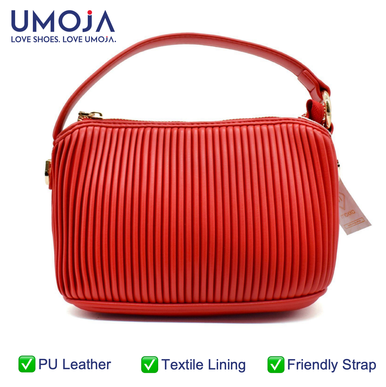 UMOJA Moxxa Nelly Scarlet Siren Handbag by Umoja | Red PU Leather with Pleated Texture, Gold Hardware, Top Handle & Detachable Shoulder Strap | Bold & Versatile Statement Bag  Ladies Bag