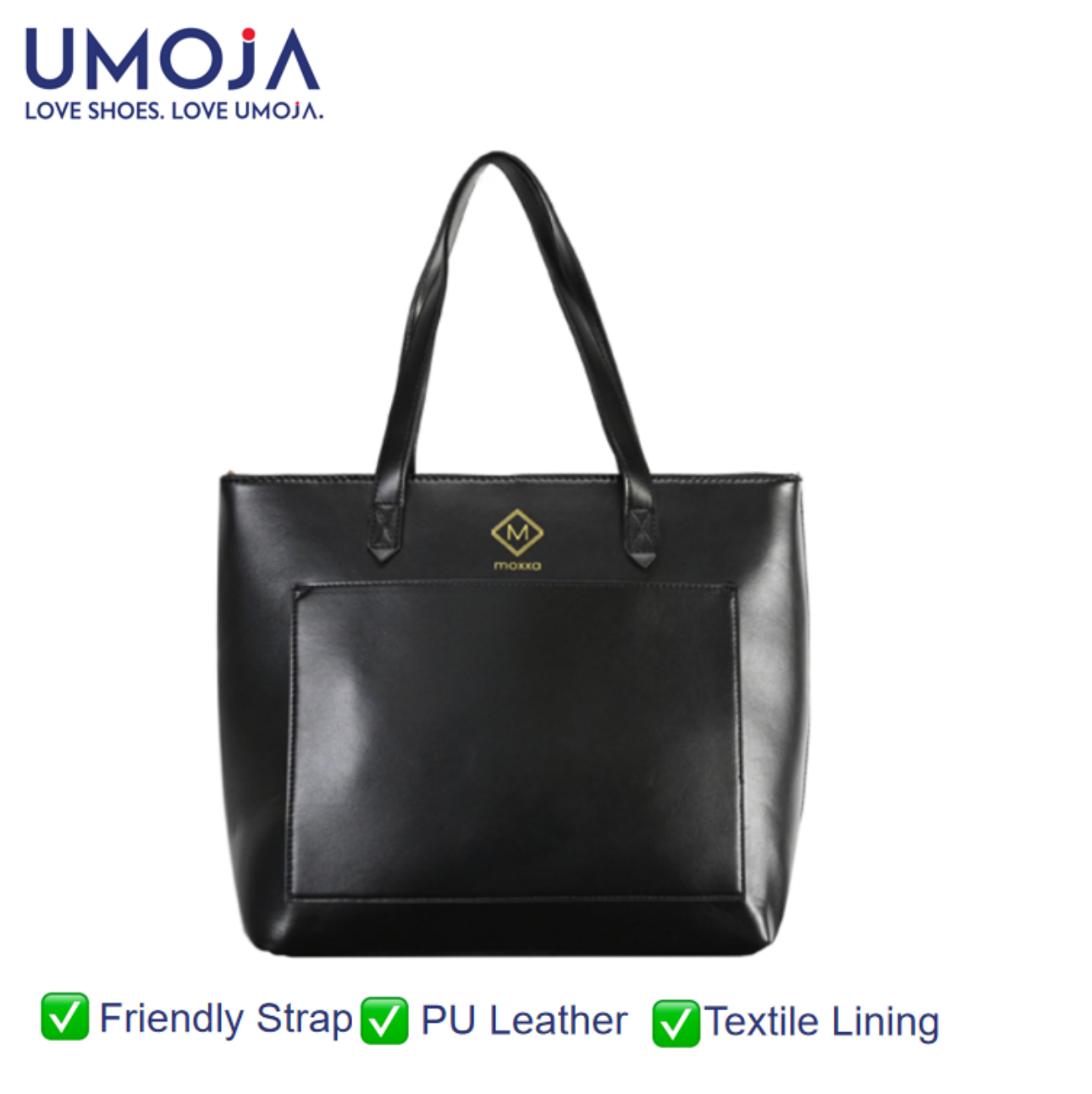 UMOJA Moxxa Talia Tote Collection by Umoja | Caramel Brown & Midnight Black PU Leather Totes with Front Pocket & Gold Hardware | Minimalist Structured Everyday & Work Shoulder Bags.  Ladies Bag