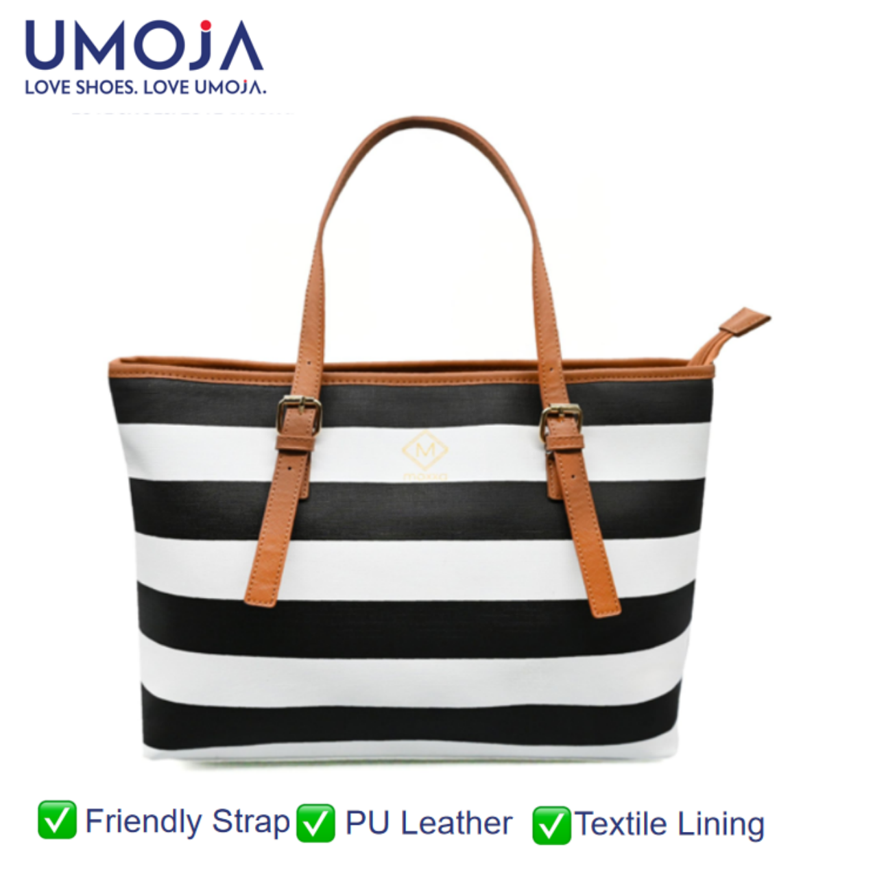 UMOJA Striped Moxxa Tia by Umoja | Black & White Stripes with Brown Faux Leather Trim, Shoulder Straps & Gold Logo | Everyday Chic Structured Tote Bag  Ladies Bag
