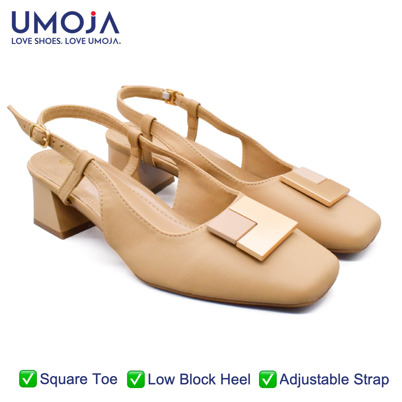 UMOJA Moxxa Becca Slingbacks ladies shoes – Women’s Beige Square-Toe Block Heels with Gold Buckle & Geometric Embellishment | Elegant, Comfortable Footwear for Office, Brunch & Events women shoes